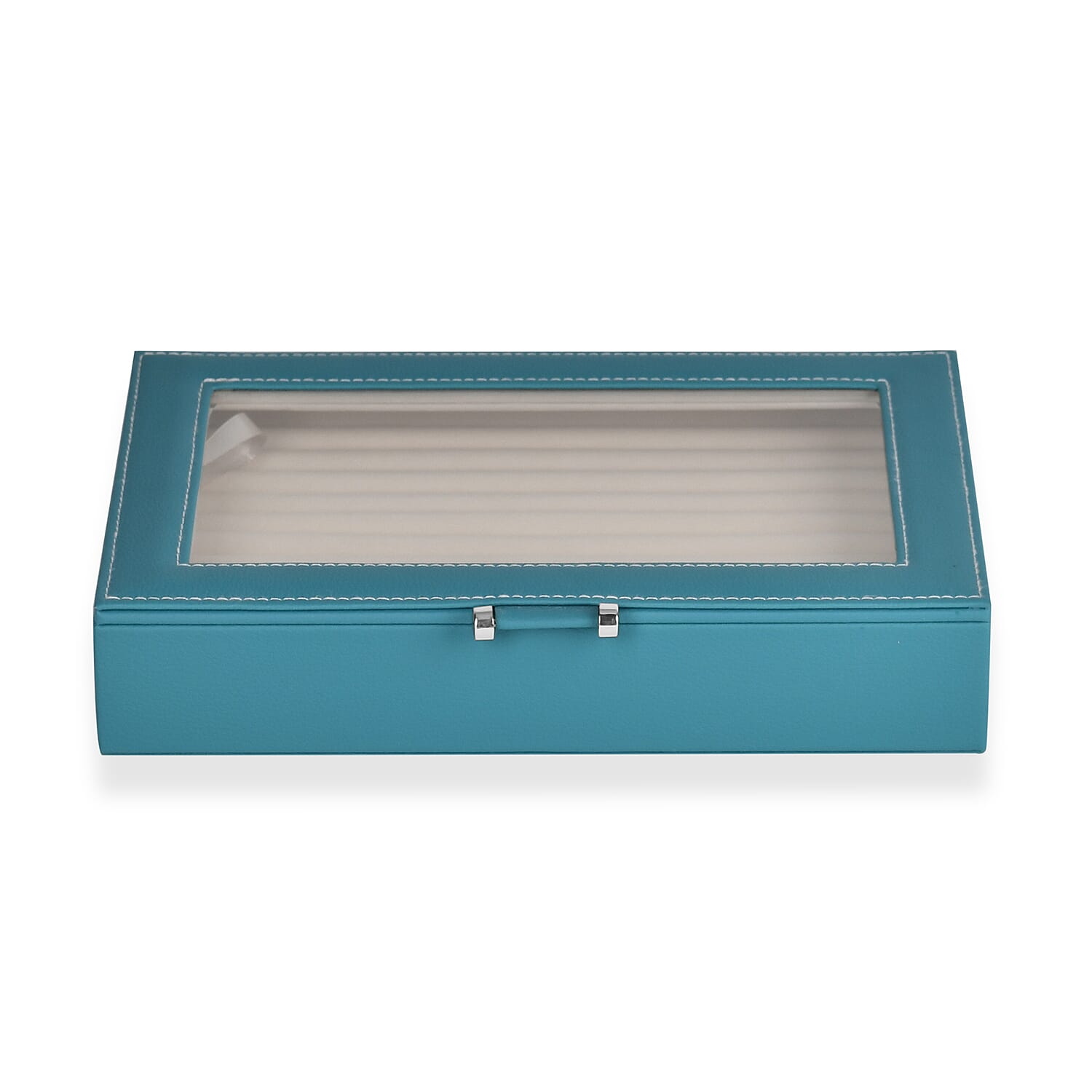 Stylish Ring Box With Glass Window & Anti Tarnish Lining (Size 10x7x2 cm) - Turquoise Blue (Can Hold 100Pcs Rings)