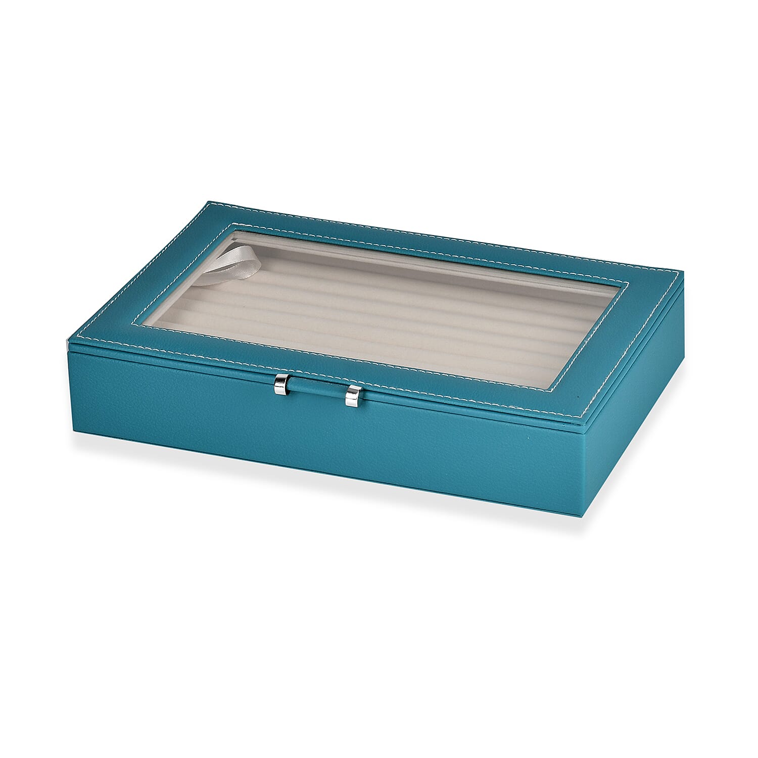Stylish Ring Box With Glass Window & Anti Tarnish Lining (Size 10x7x2 cm) - Turquoise Blue (Can Hold 100Pcs Rings)