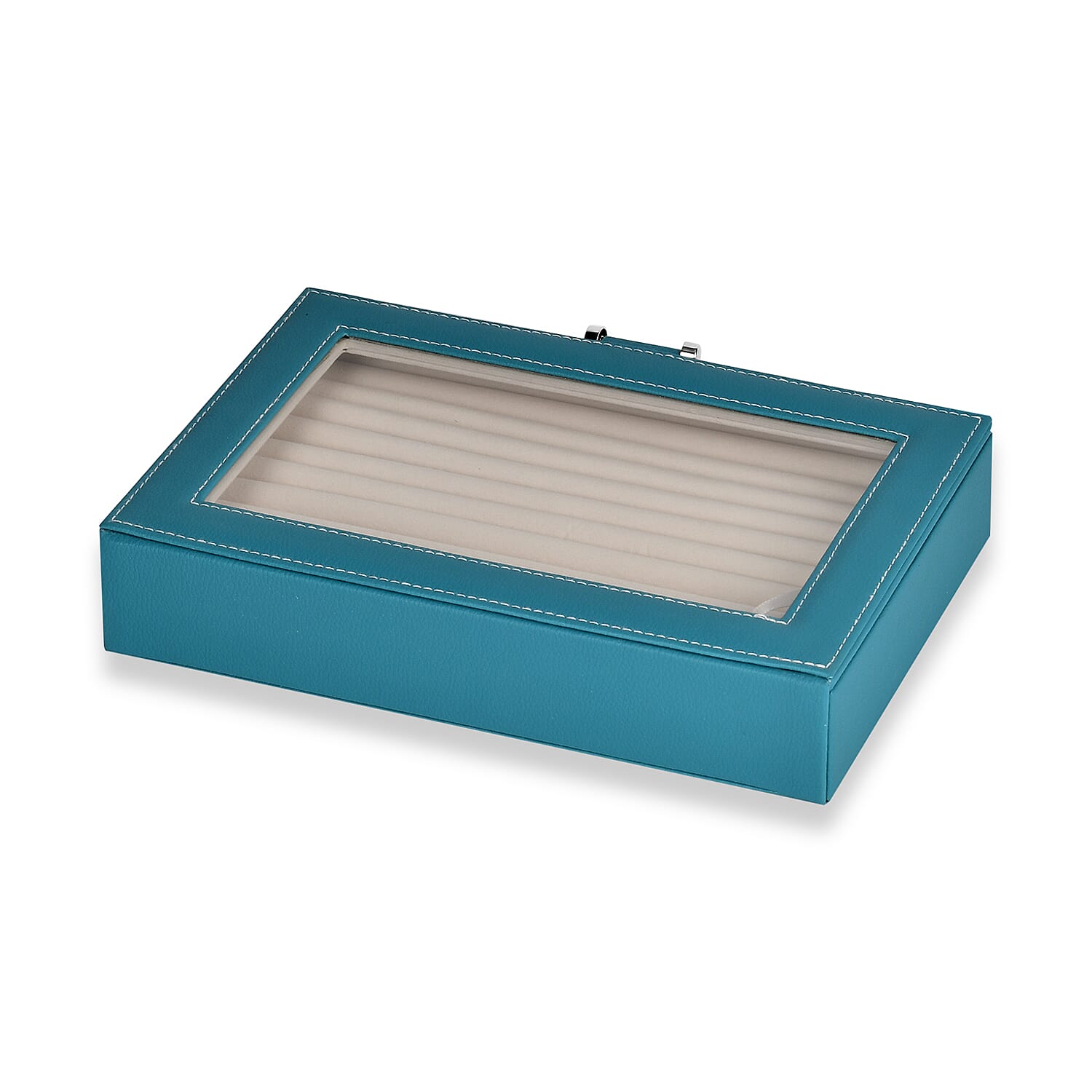 Stylish Ring Box With Glass Window & Anti Tarnish Lining (Size 10x7x2 cm) - Turquoise Blue (Can Hold 100Pcs Rings)
