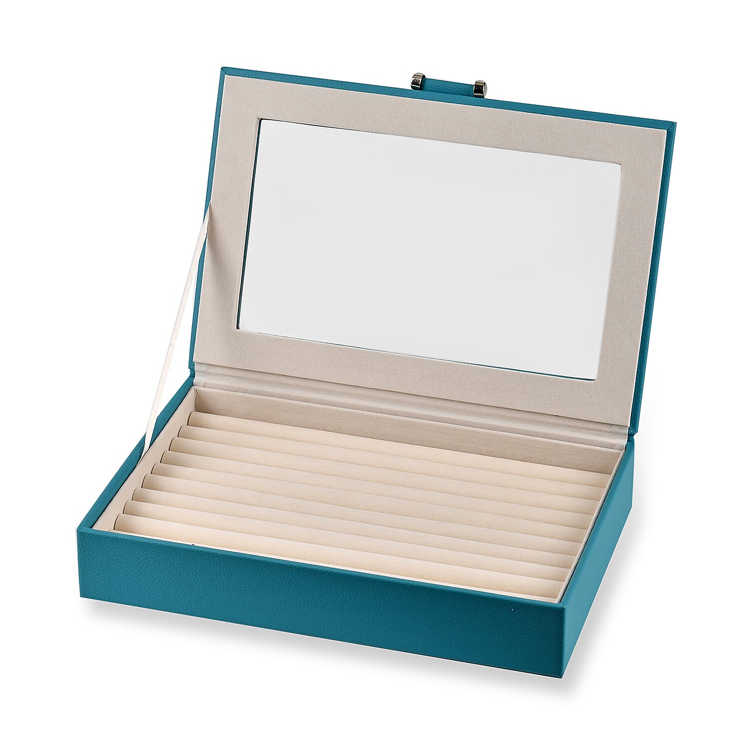 Stylish Ring Box With Glass Window & Anti Tarnish Lining (Size 10x7x2 cm) - Turquoise Blue (Can Hold 100Pcs Rings)