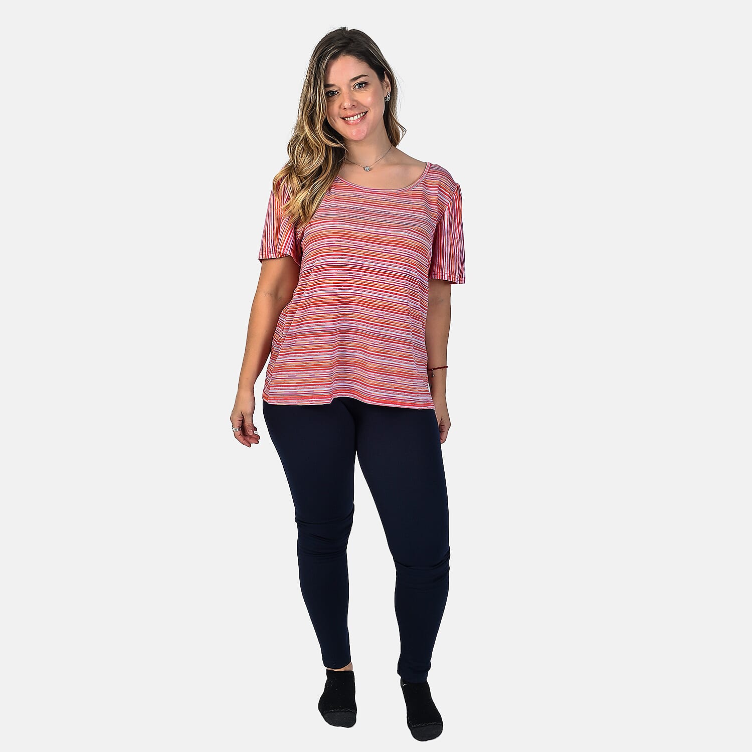 SUGARCRISP Pink and Multi Colour Stripe Cap Sleeve Top (Size L)