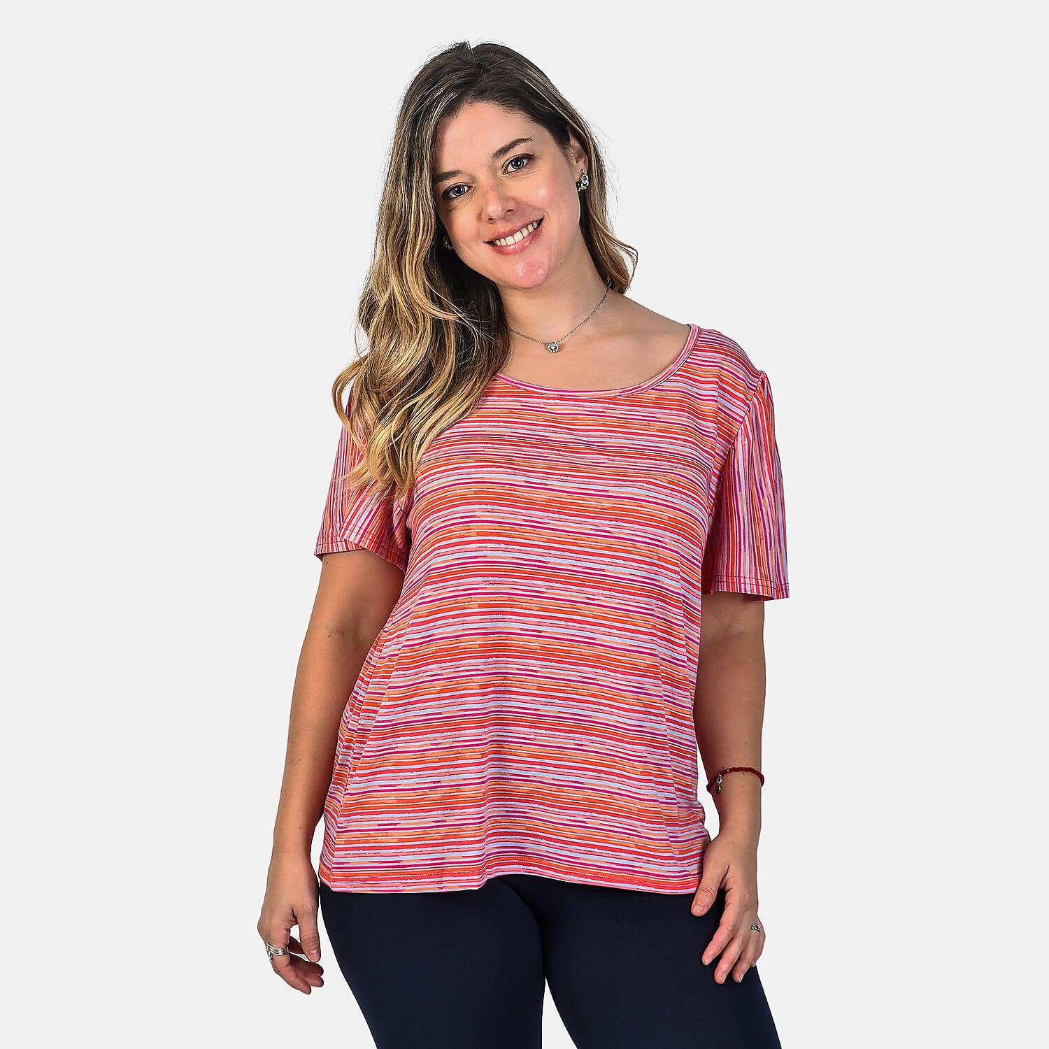 SUGARCRISP Pink and Multi Colour Stripe Cap Sleeve Top (Size L)