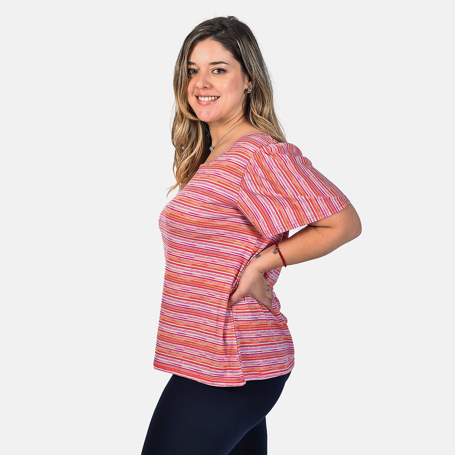 SUGARCRISP Pink and Multi Colour Stripe Cap Sleeve Top (Size S)