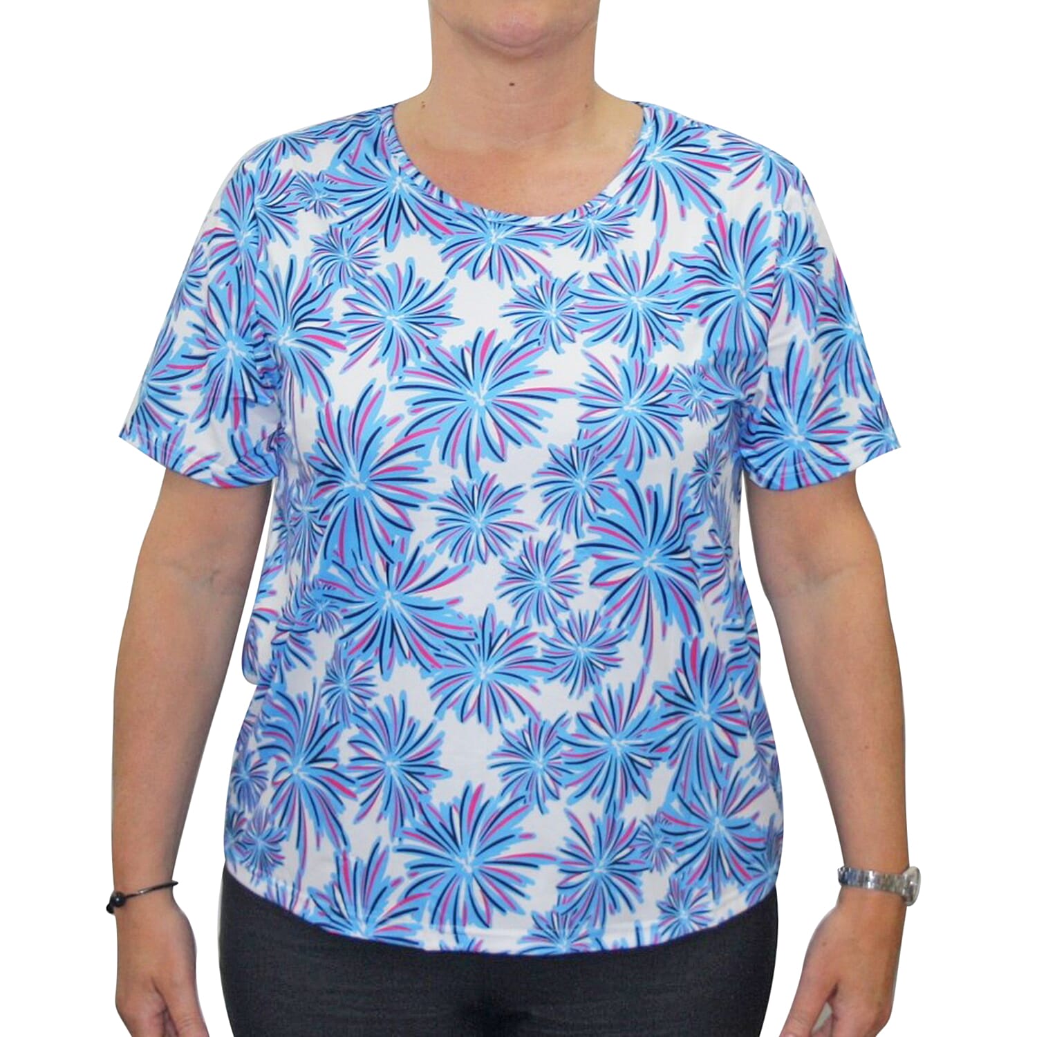 Aura Boutique Printed Short Sleeve Top (Size L) - White & Blue