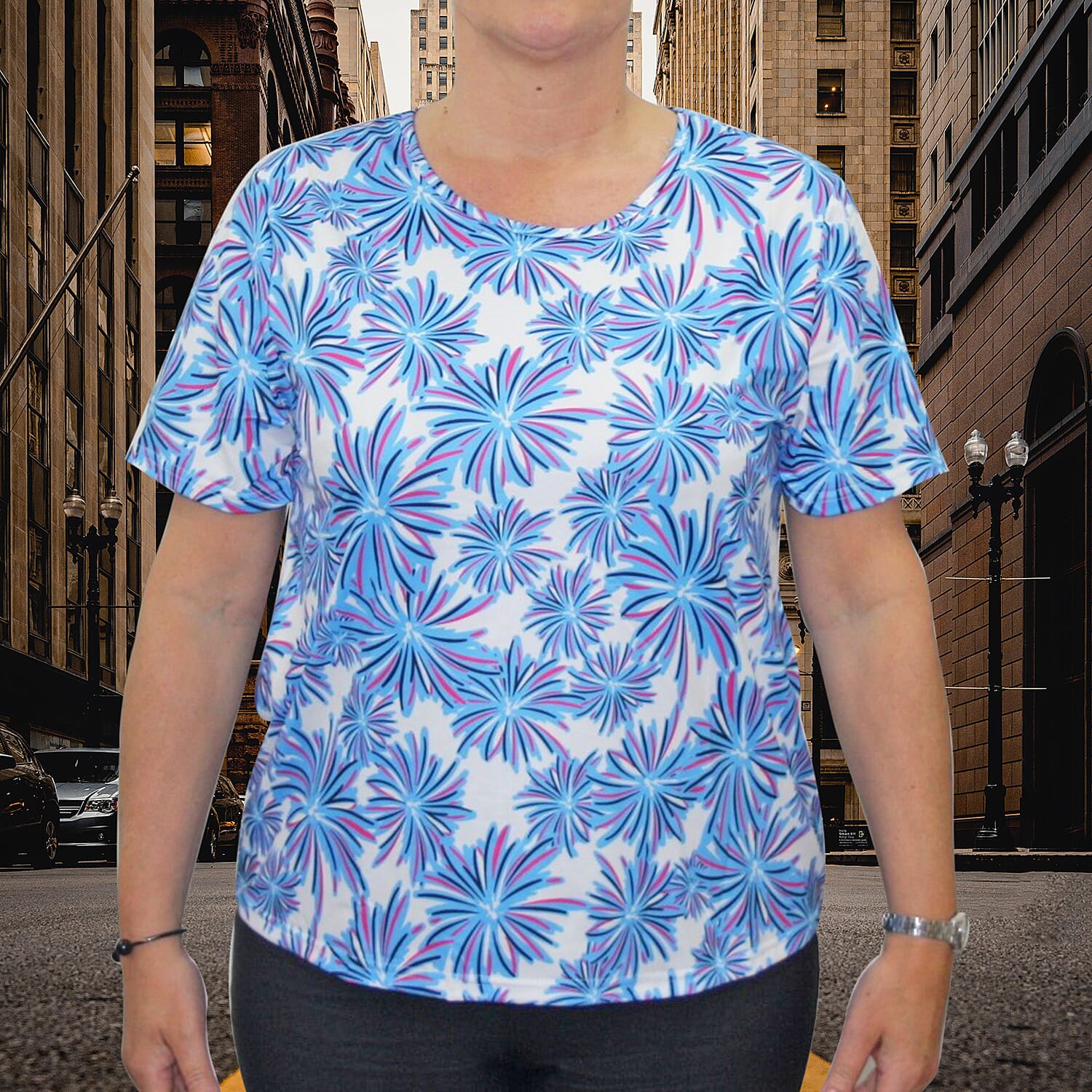 Aura Boutique Printed Short Sleeve Top (Size L) - White & Blue