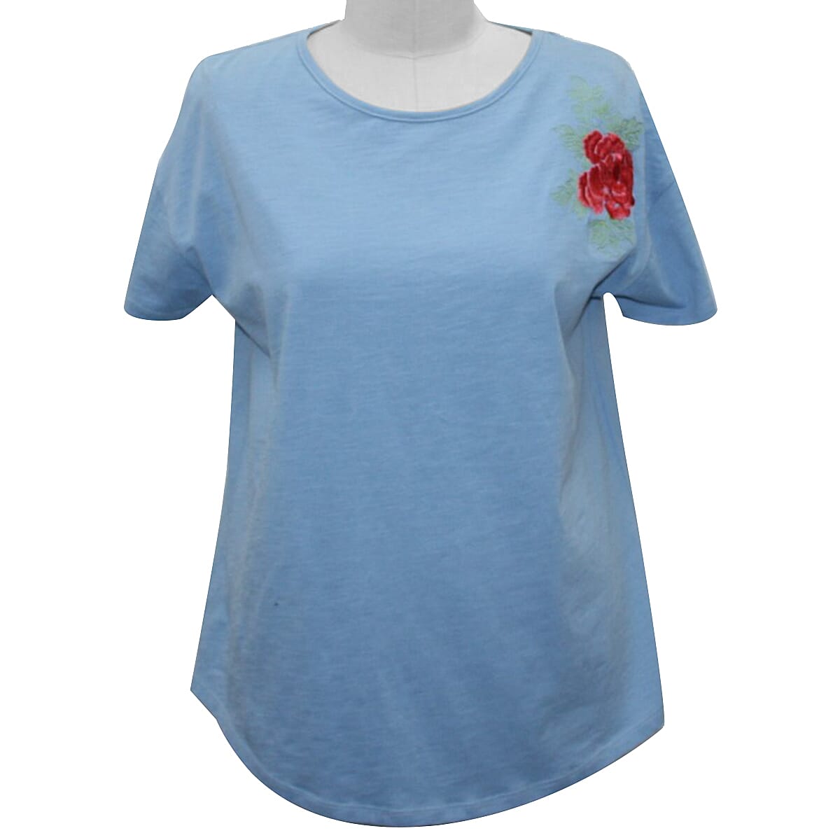 SUGARCRISP Cotton Short Sleeved TShirt with Flower Detail - Chambray Blue