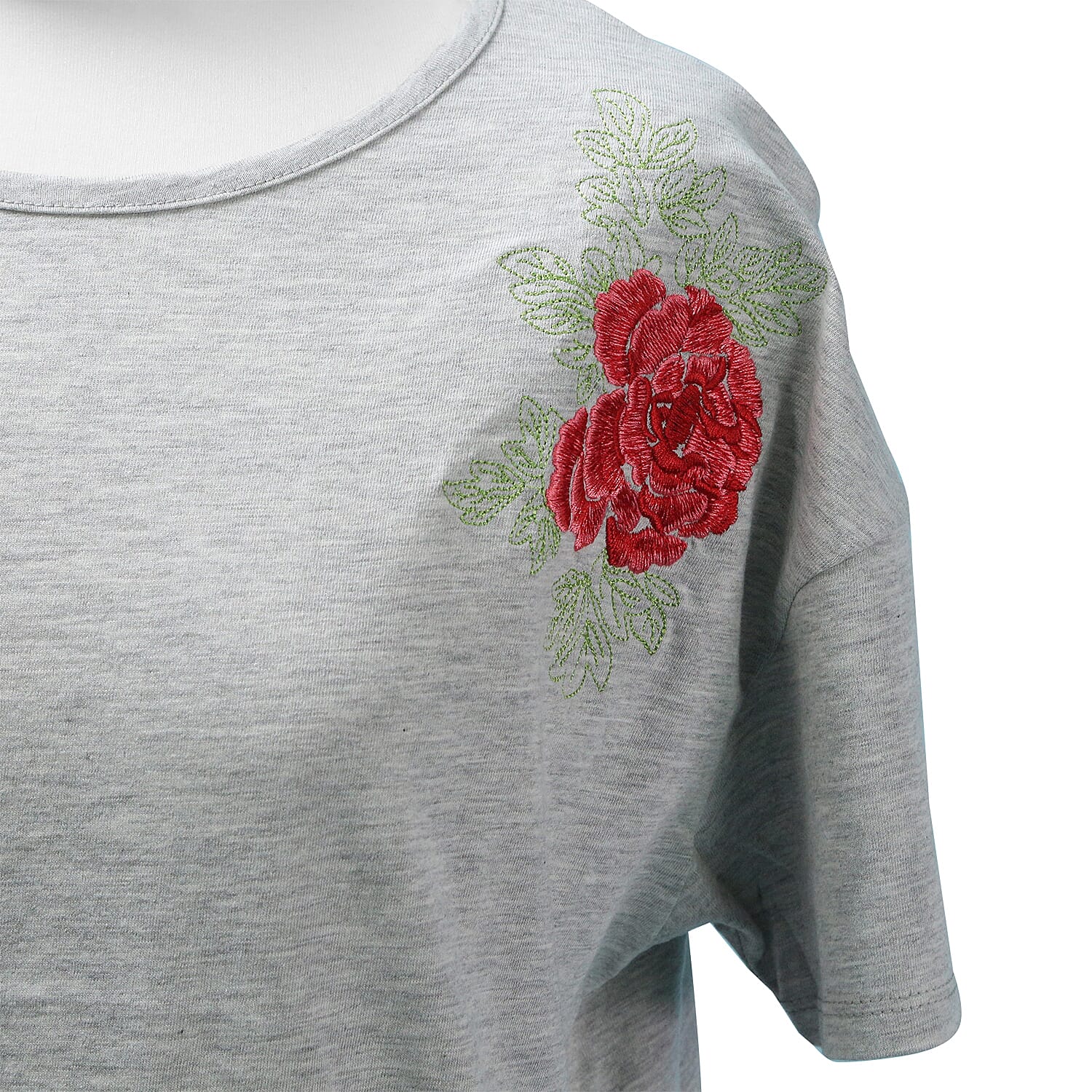 SUGARCRISP Cotton Short Sleeved TShirt with Flower Detail - Chambray Blue