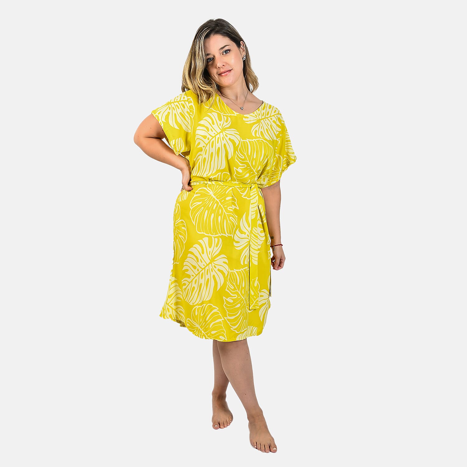 Bali Collection 100% Rayon Leaves Pattern Women Dress (Size:L/16-18) - Yellow and Cream