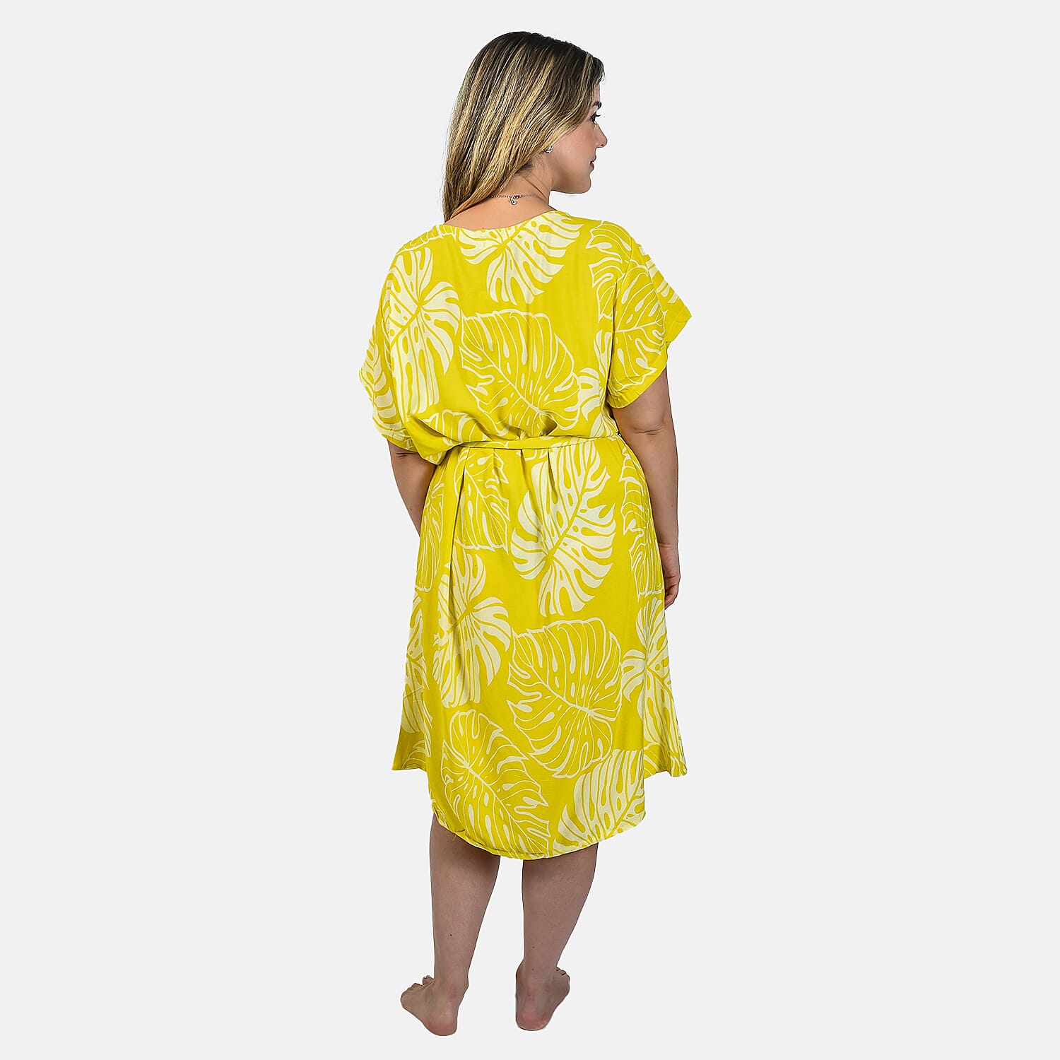Bali Collection 100% Rayon Leaves Pattern Women Dress (Size:L/16-18) - Yellow and Cream