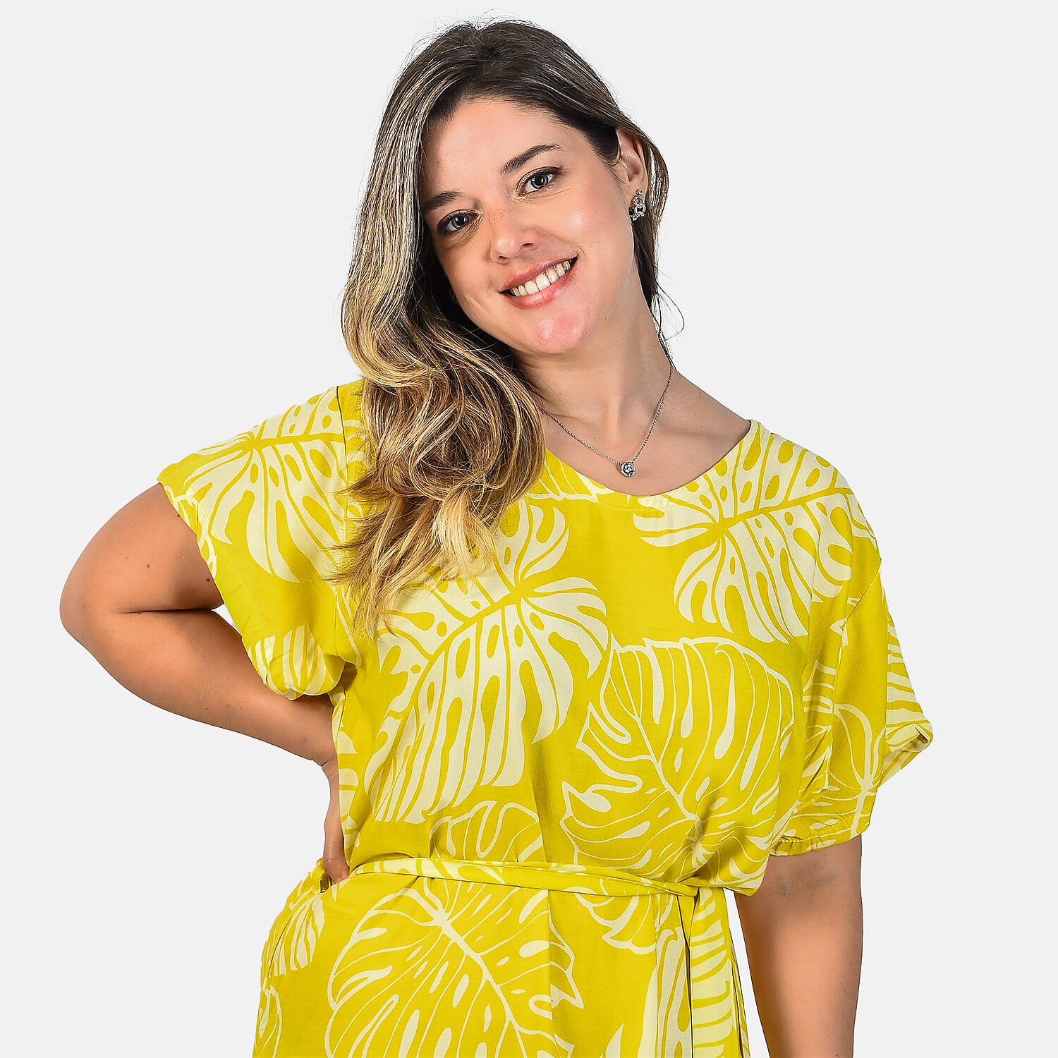Bali Collection 100% Rayon Leaves Pattern Women Dress (Size:L/16-18) - Yellow and Cream