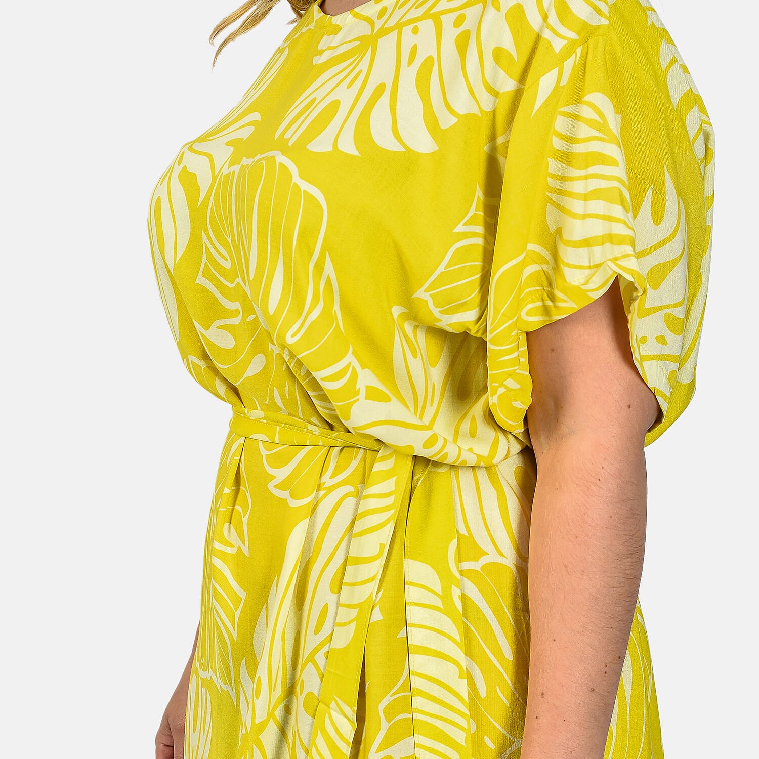 Bali Collection 100% Rayon Leaves Pattern Women Dress (Size:L/16-18) - Yellow and Cream