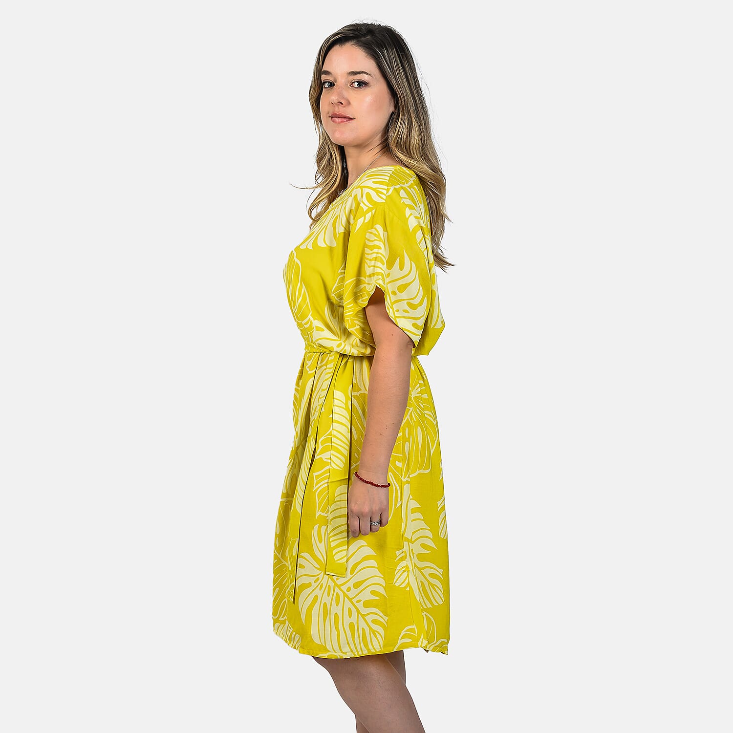 Bali Collection 100% Rayon Leaves Pattern Women Dress (Size:L/16-18) - Yellow and Cream