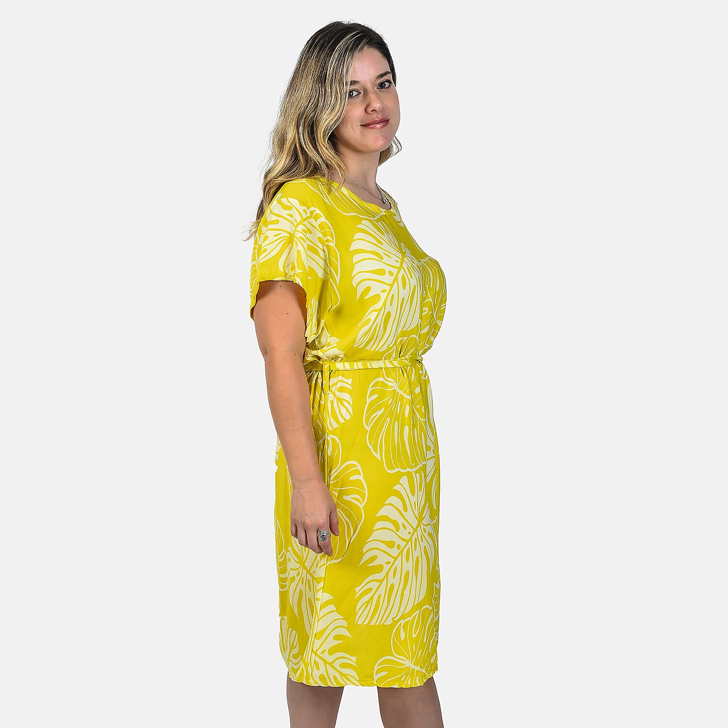 Bali Collection 100% Rayon Leaves Pattern Women Dress (Size:L/16-18) - Yellow and Cream