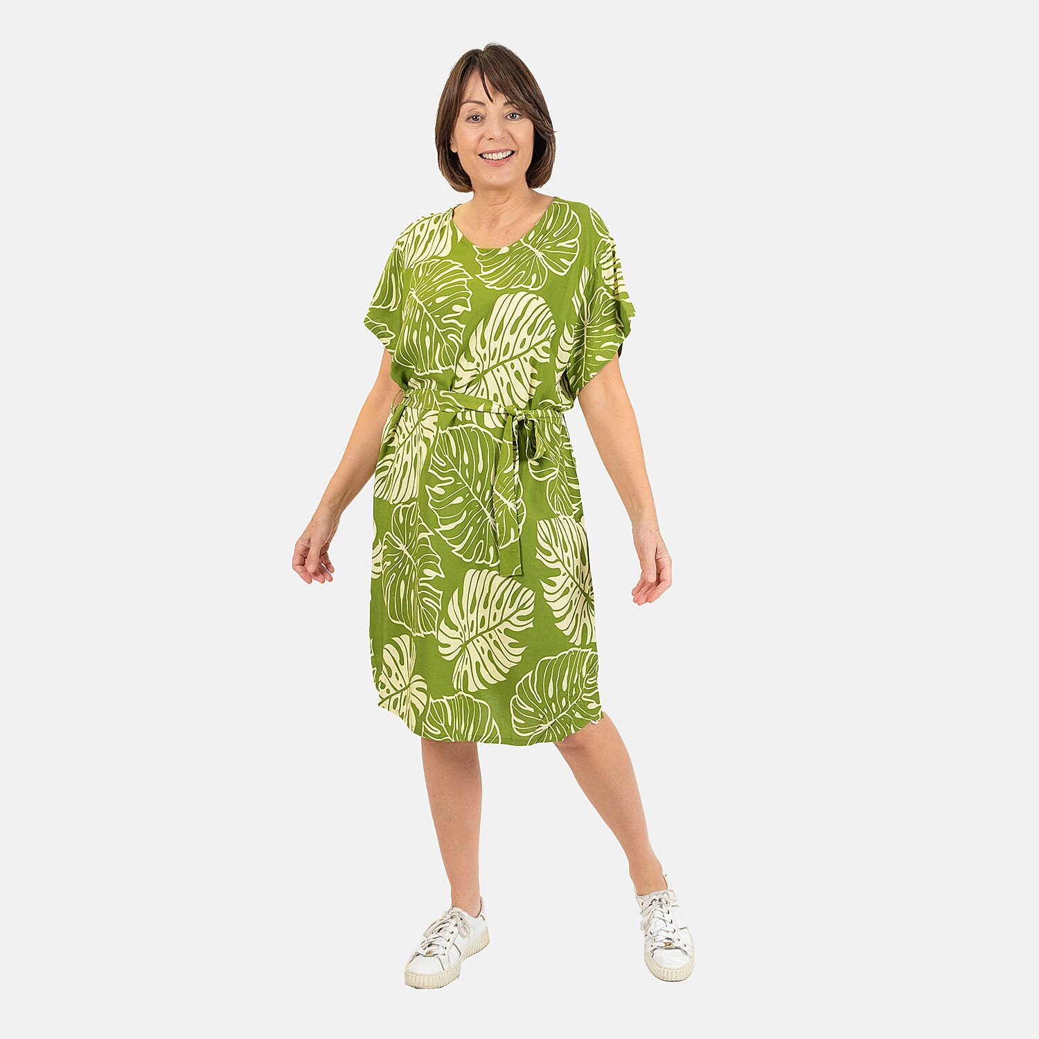 Bali Collection 100% Rayon Leaves Pattern Women Dress (Size:L/16-18) - Yellow and Cream