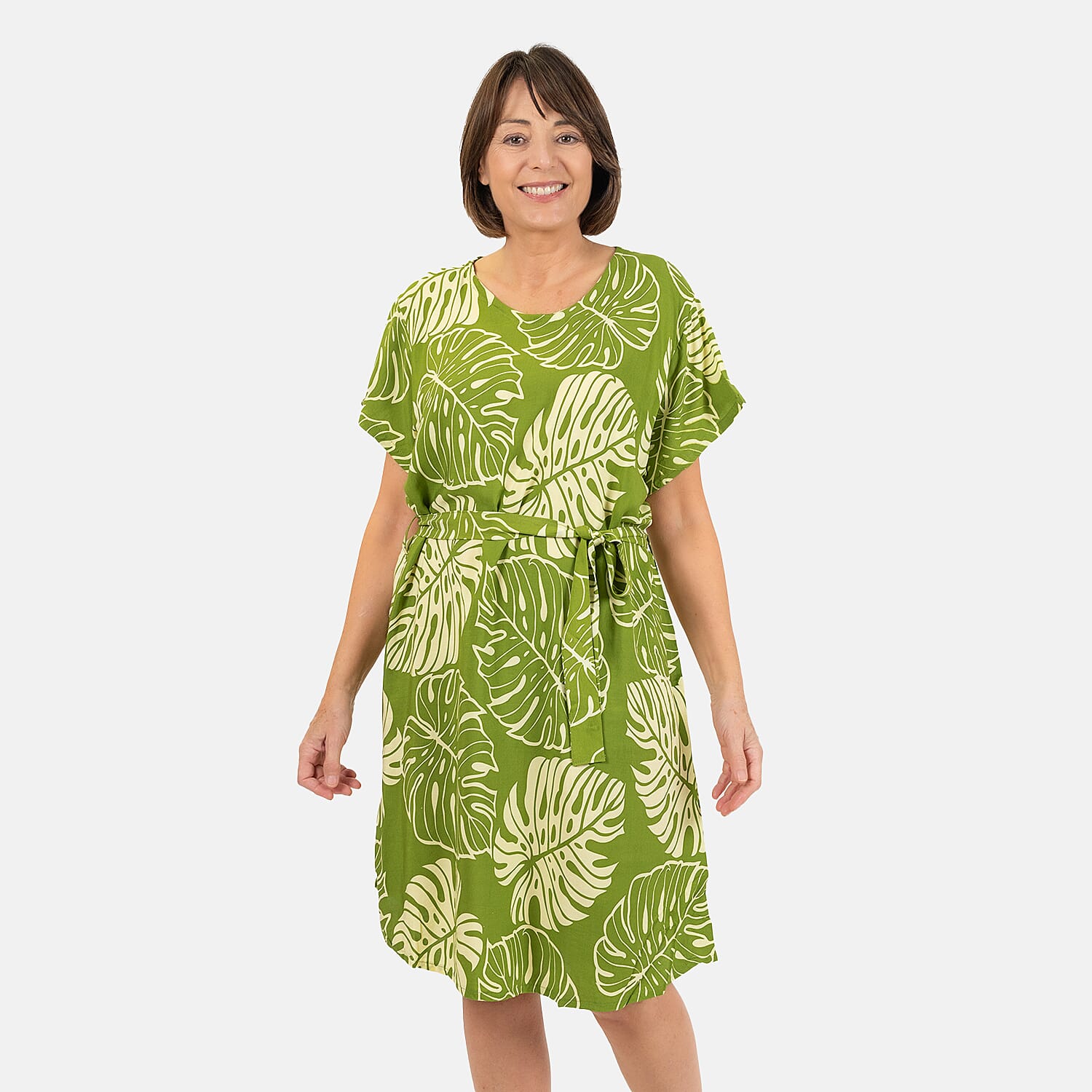 Bali Collection 100% Rayon Leaves Pattern Women Dress (Size:L/16-18) - Yellow and Cream