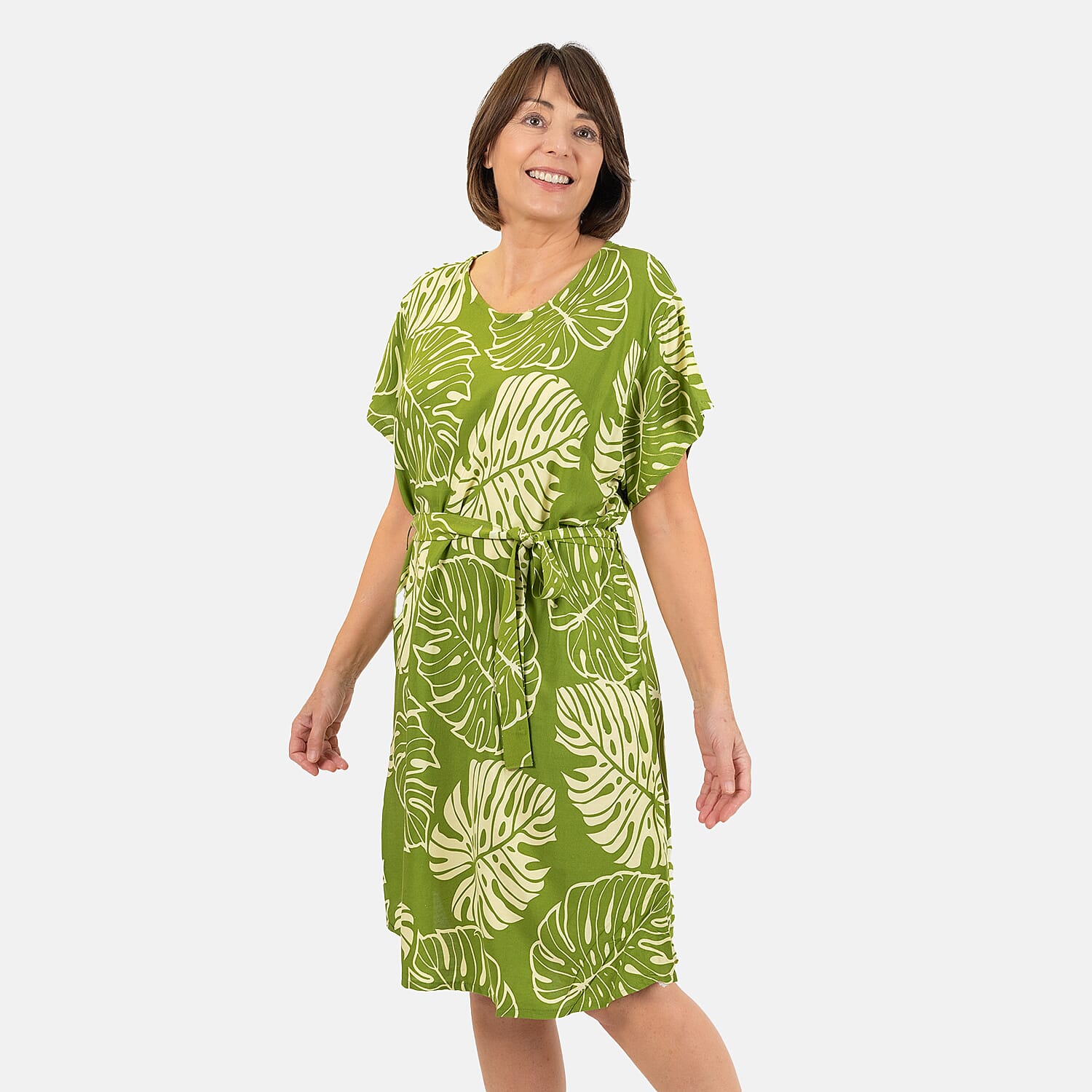 Bali Collection 100% Rayon Leaves Pattern Women Dress (Size:L/16-18) - Yellow and Cream