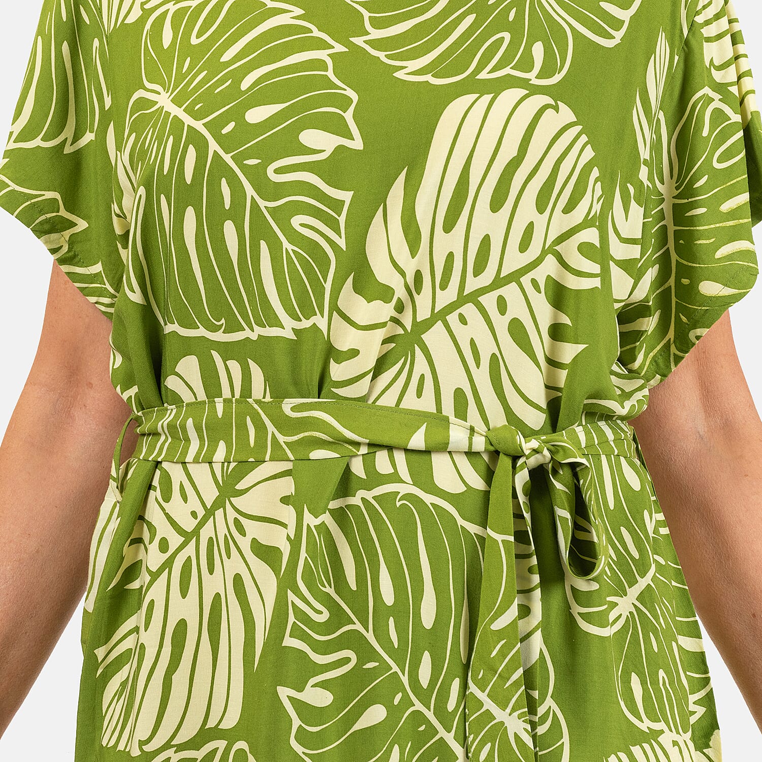 Bali Collection 100% Rayon Leaves Pattern Women Dress (Size:L/16-18) - Yellow and Cream