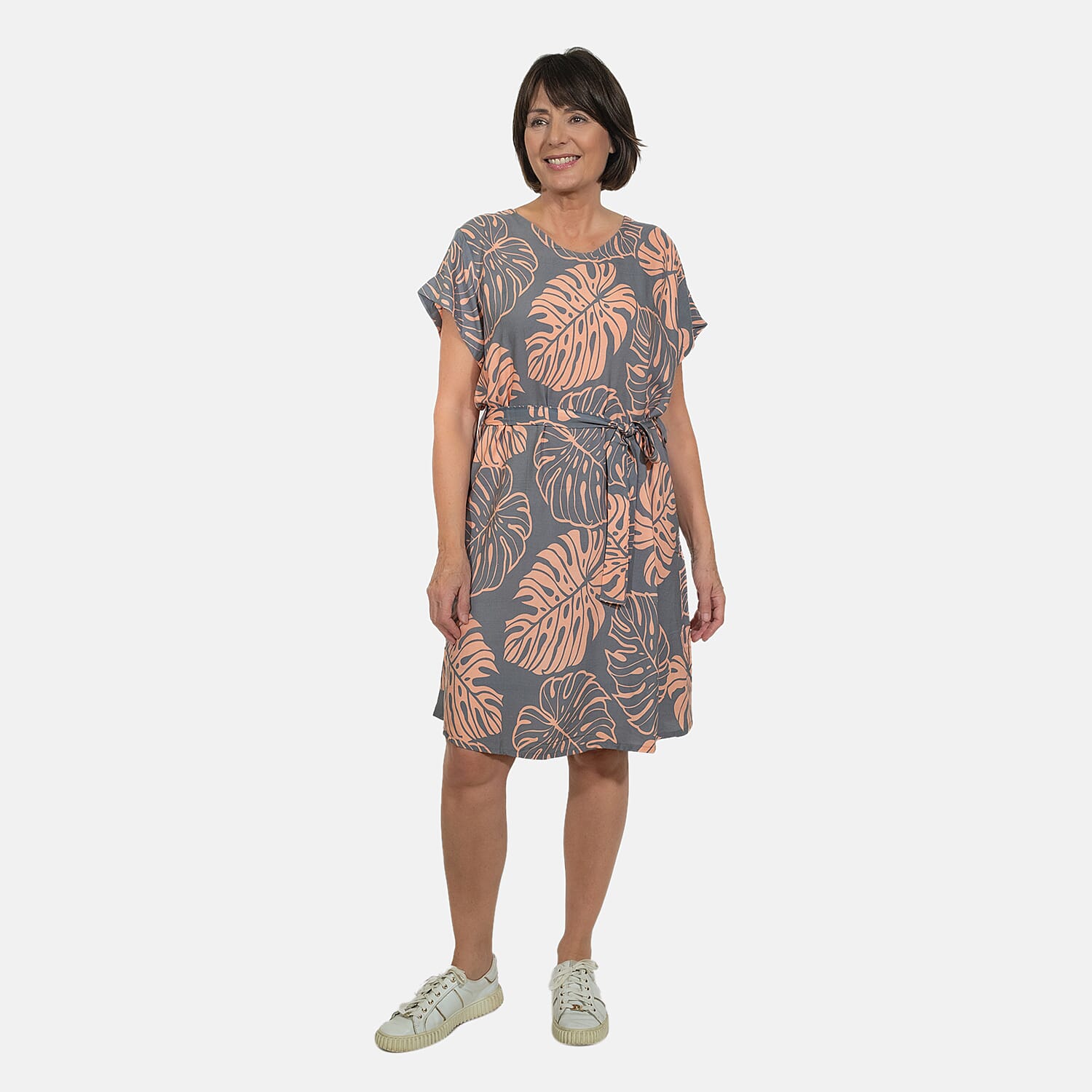 Bali Collection 100% Rayon Leaves Pattern Women Dress (Size:L/16-18) - Yellow and Cream