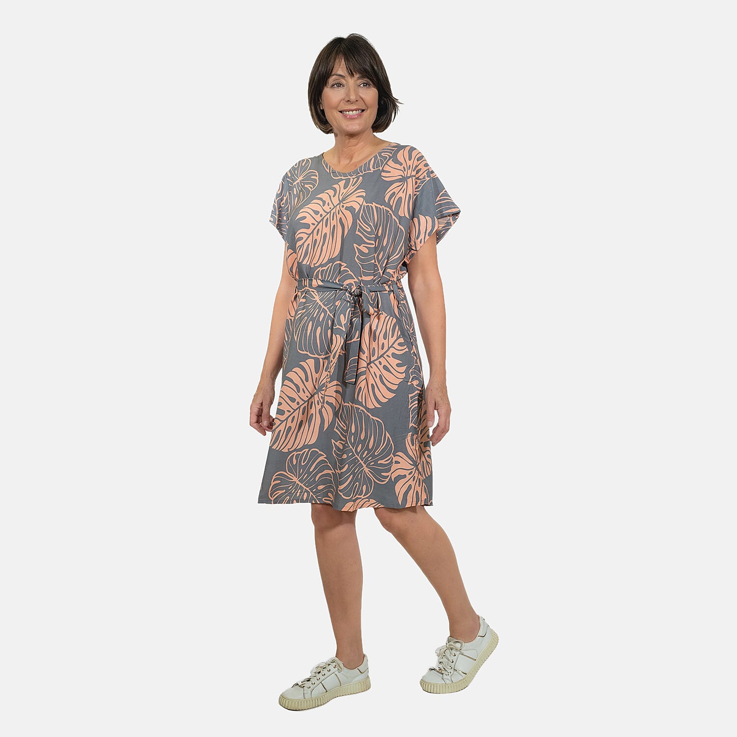 Bali Collection 100% Rayon Leaves Pattern Women Dress (Size:L/16-18) - Yellow and Cream