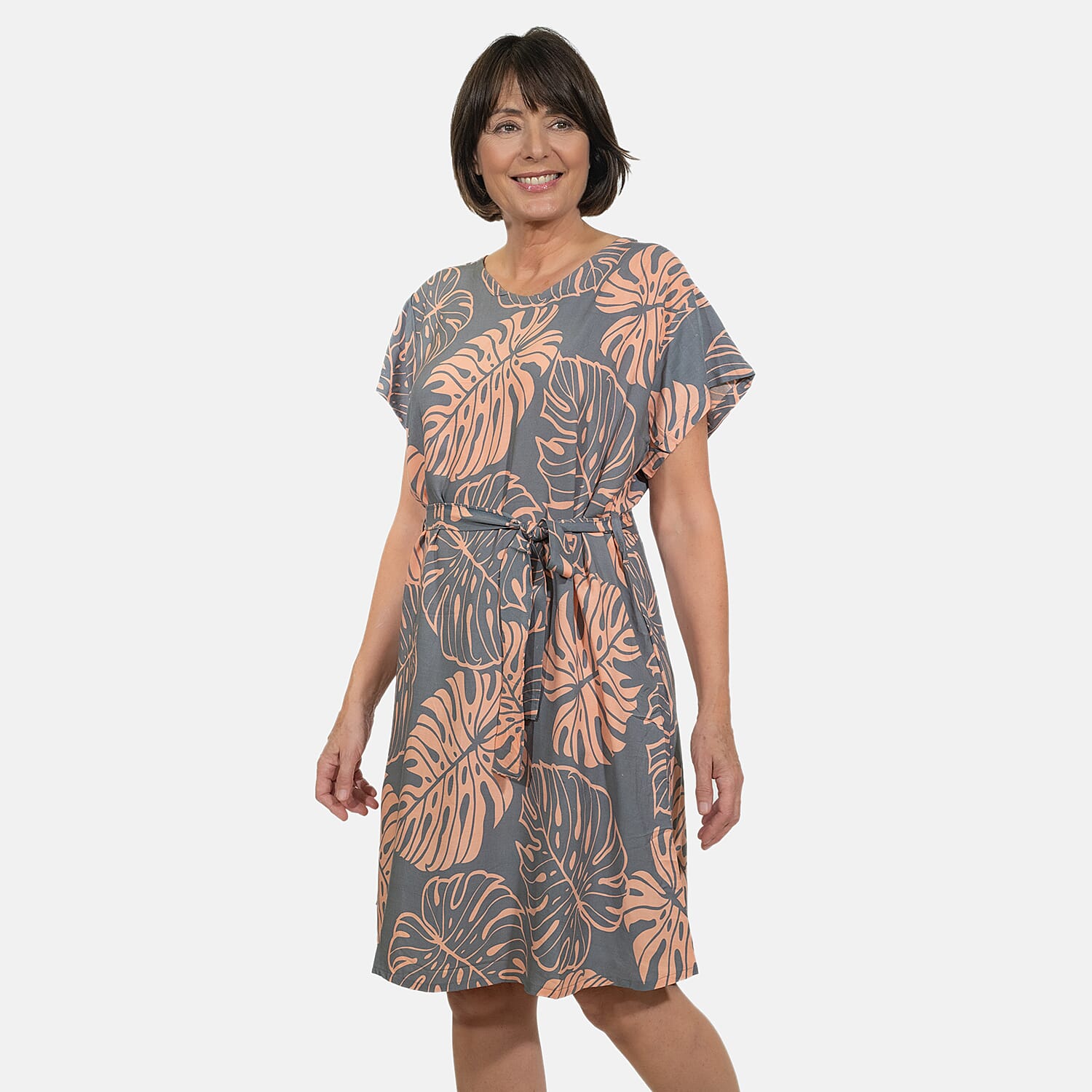 Bali Collection 100% Rayon Leaves Pattern Women Dress (Size:L/16-18) - Yellow and Cream