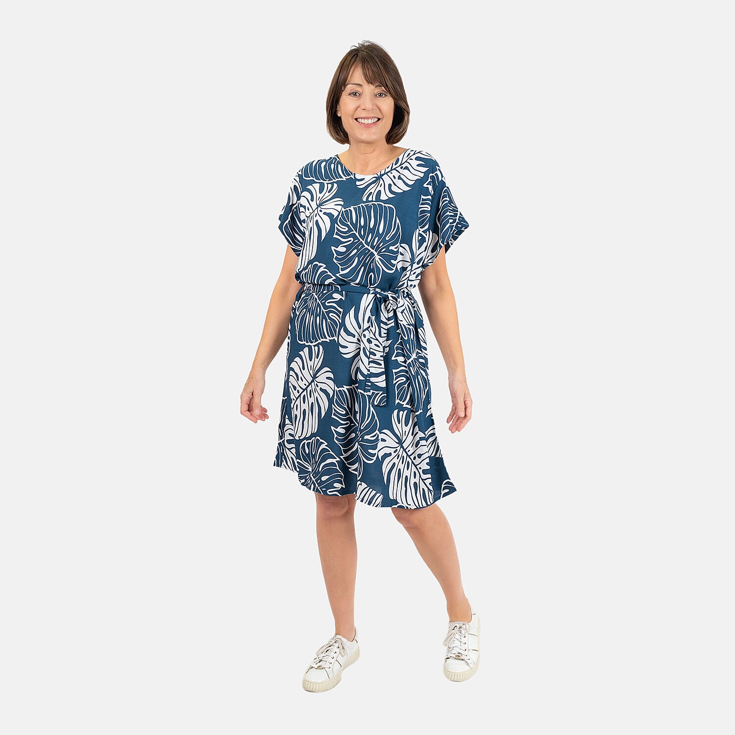 LA MAREY Bali Collection 100% Rayon Leaves Pattern Women Dress (Size-L-16-18) - Blue and White