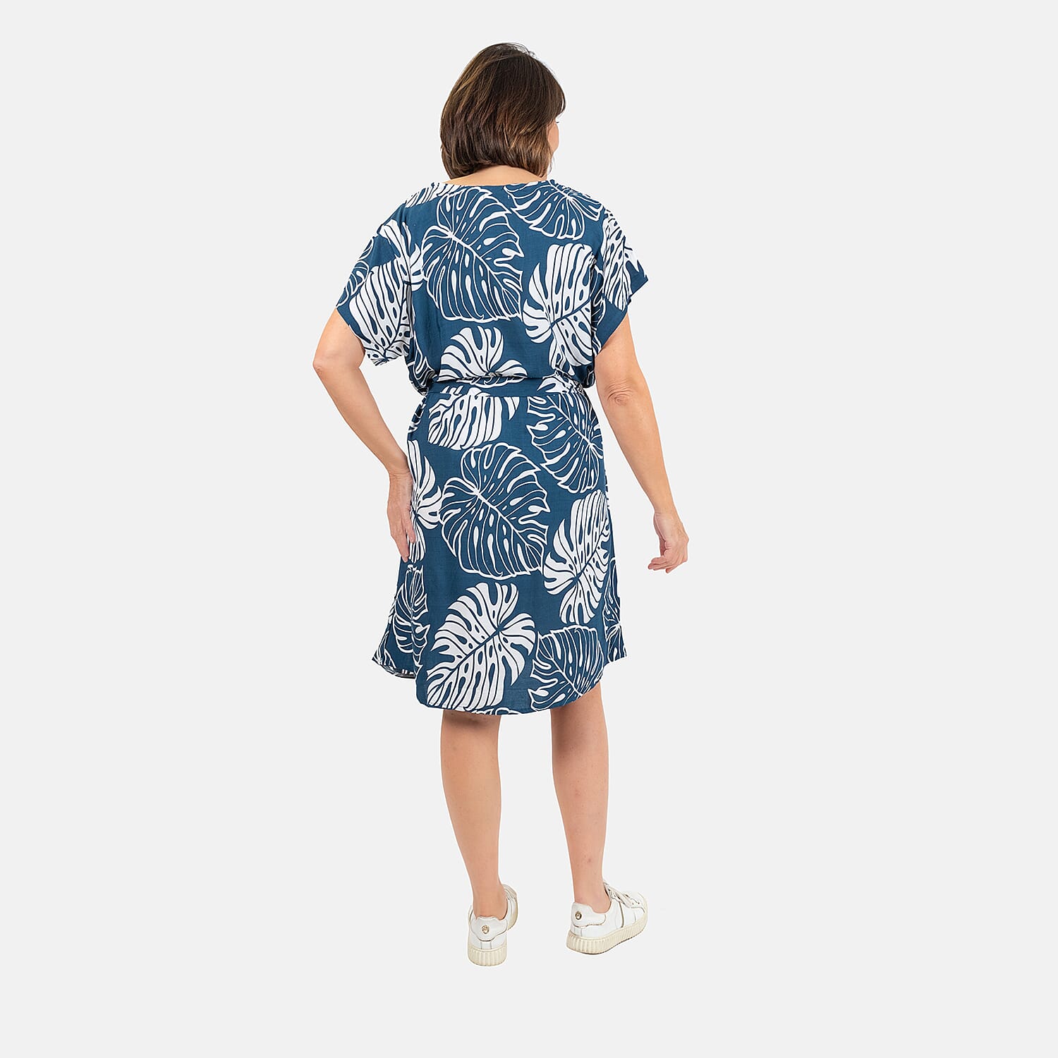 LA MAREY Bali Collection 100% Rayon Leaves Pattern Women Dress (Size-L-16-18) - Blue and White