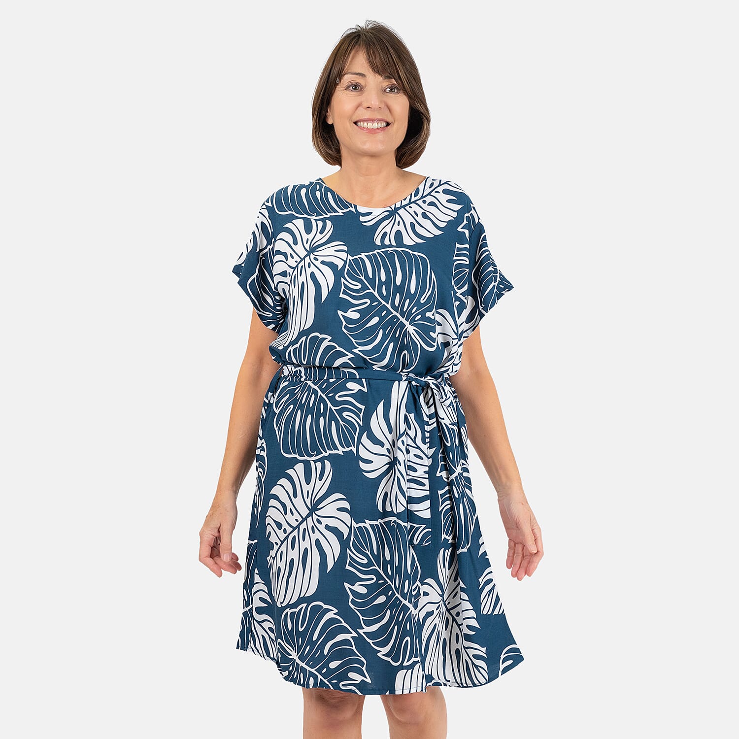 LA MAREY Bali Collection 100% Rayon Leaves Pattern Women Dress (Size-L-16-18) - Blue and White