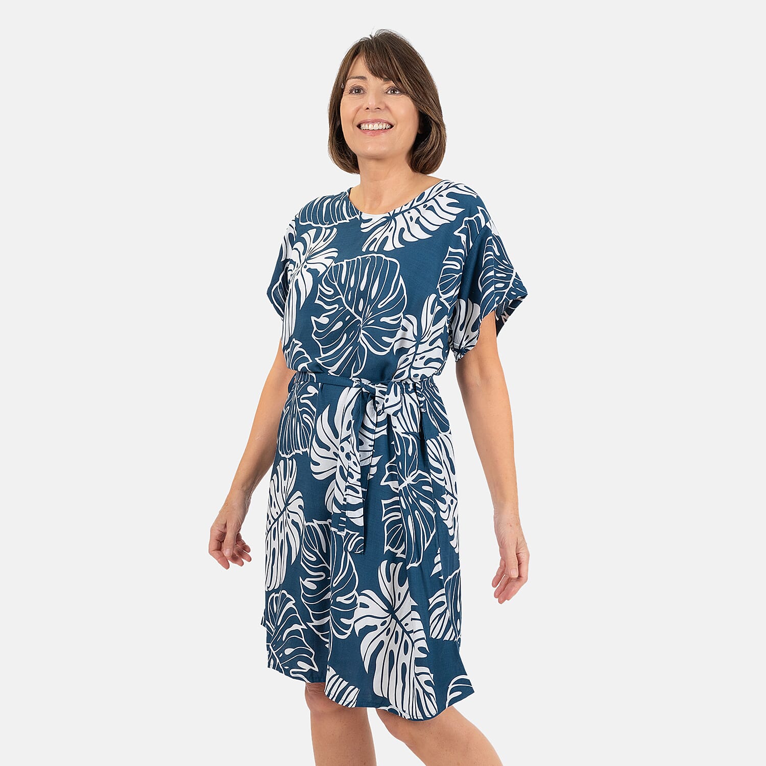 LA MAREY Bali Collection 100% Rayon Leaves Pattern Women Dress (Size-L-16-18) - Blue and White