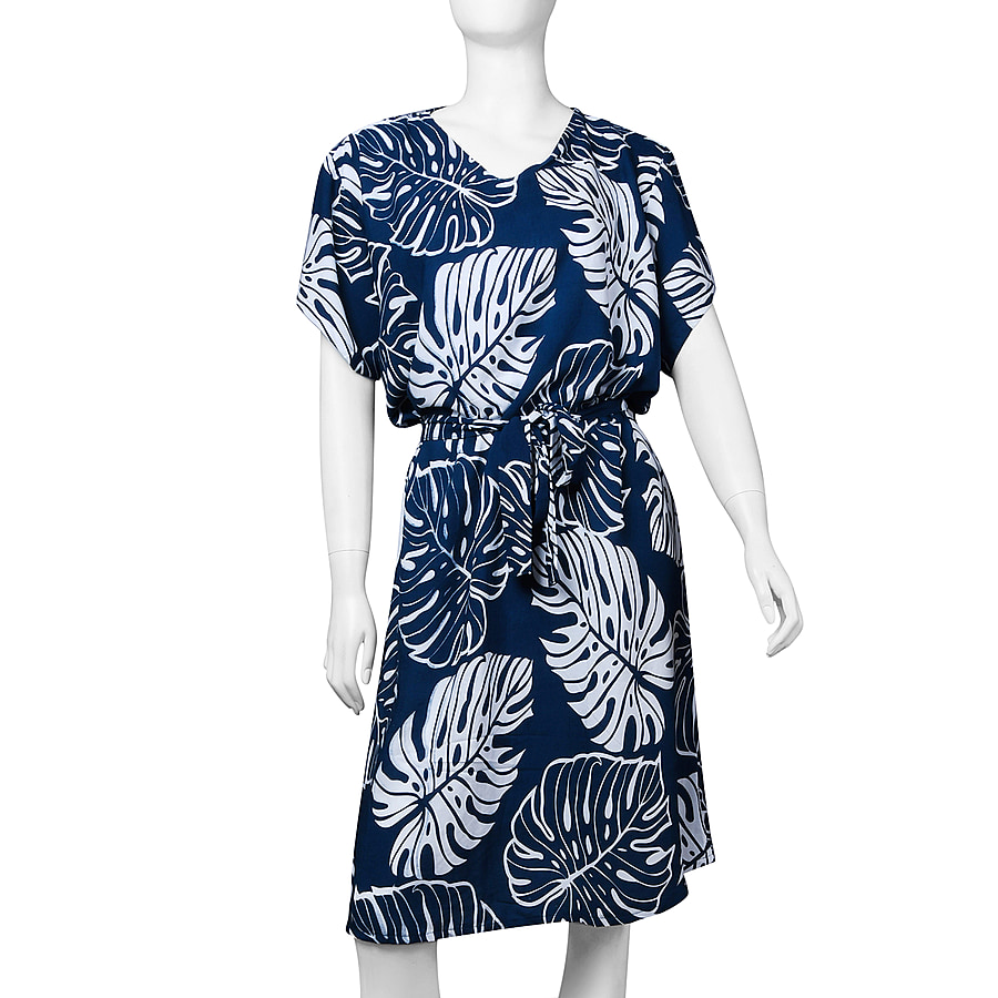 LA MAREY Bali Collection 100% Rayon Leaves Pattern Women Dress (Size-M-12-14) - Blue and White
