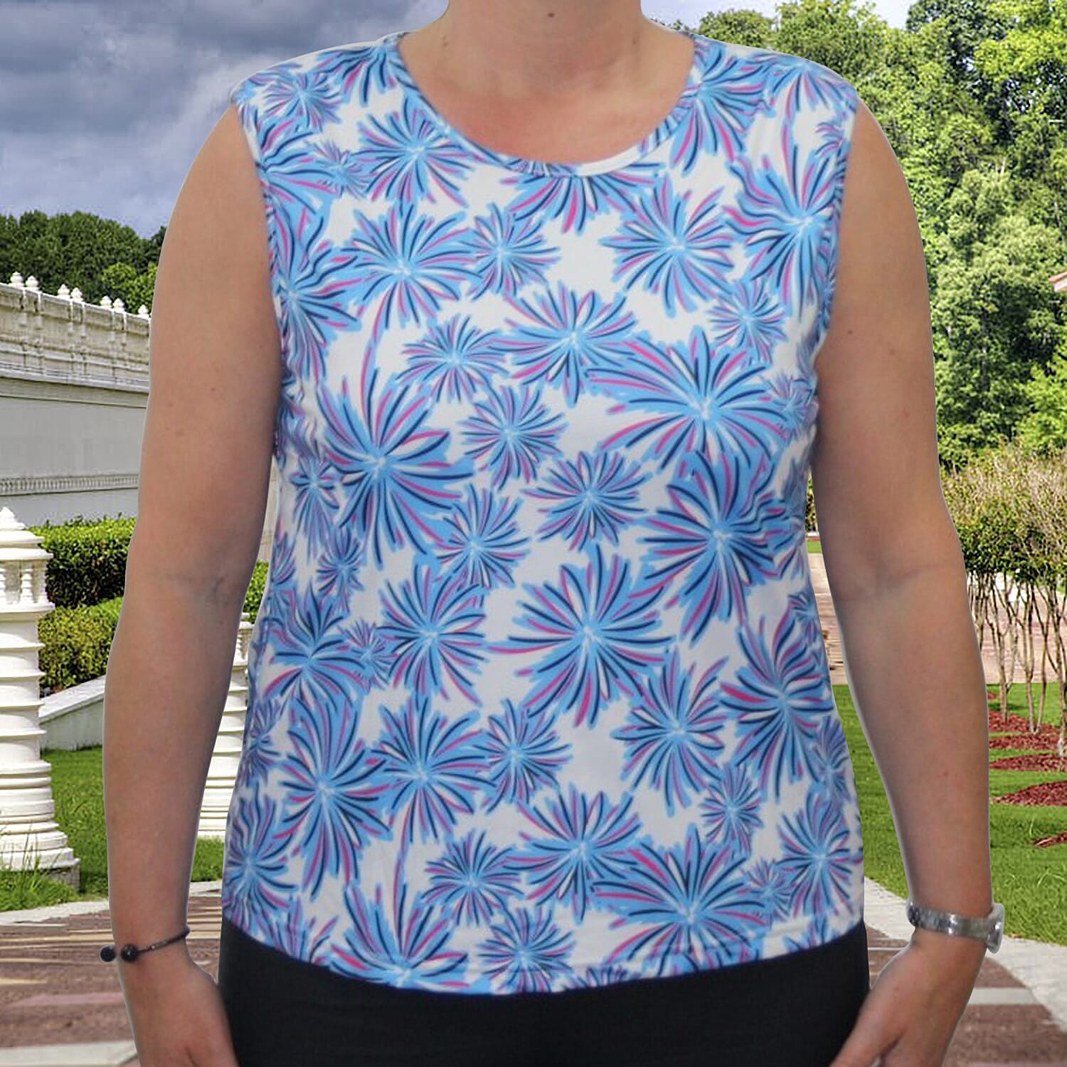 Aura Boutique Printed Sleeveless Top (Size L) - White & Blue