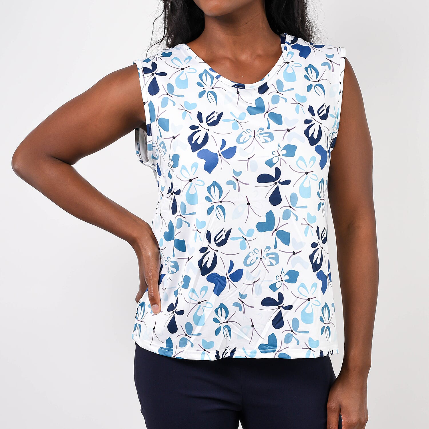 Aura Boutique Printed Sleeveless Top (Size S) - White & Blue