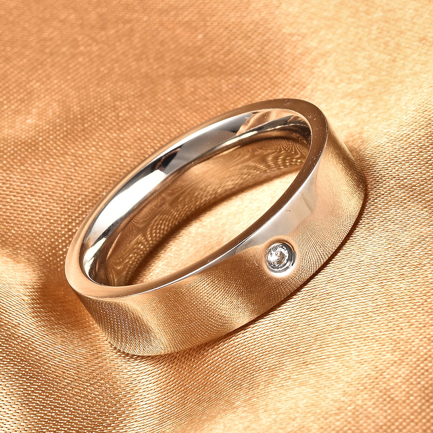 Simulated Diamond Band Ring in Silver Tone Titanium