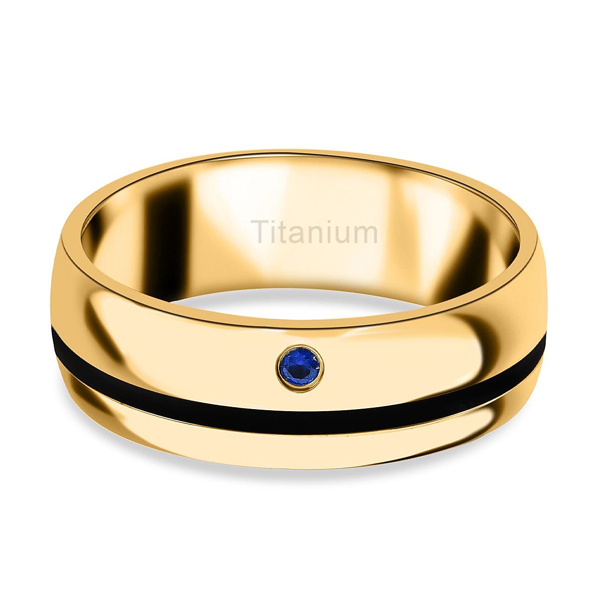 Simulated Blue Sapphire Enamelled Solitaire Band Ring in Gold Plated Titanium