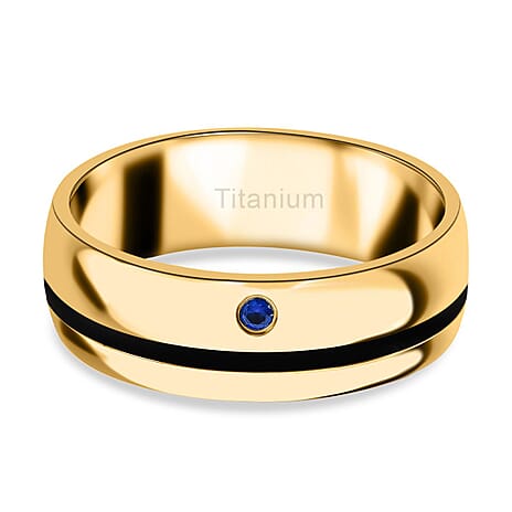 Simulated Blue Sapphire Enamelled Solitaire Band Ring in Gold Plated Titanium