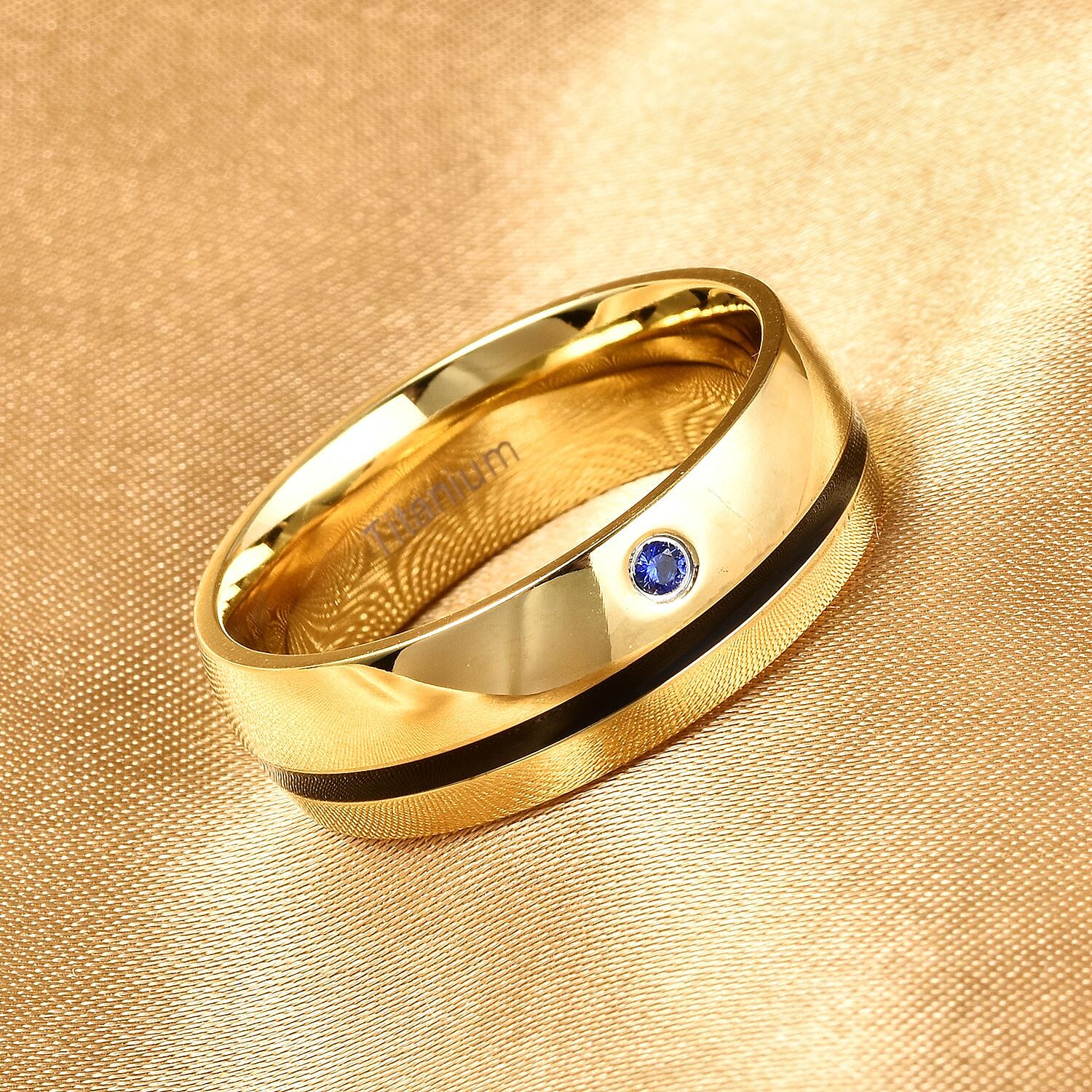 Simulated Blue Sapphire Enamelled Solitaire Band Ring in Gold Plated Titanium