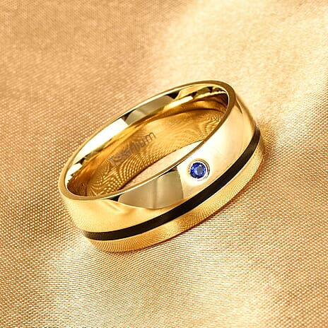 Simulated Blue Sapphire Enamelled Solitaire Band Ring in Gold Plated Titanium