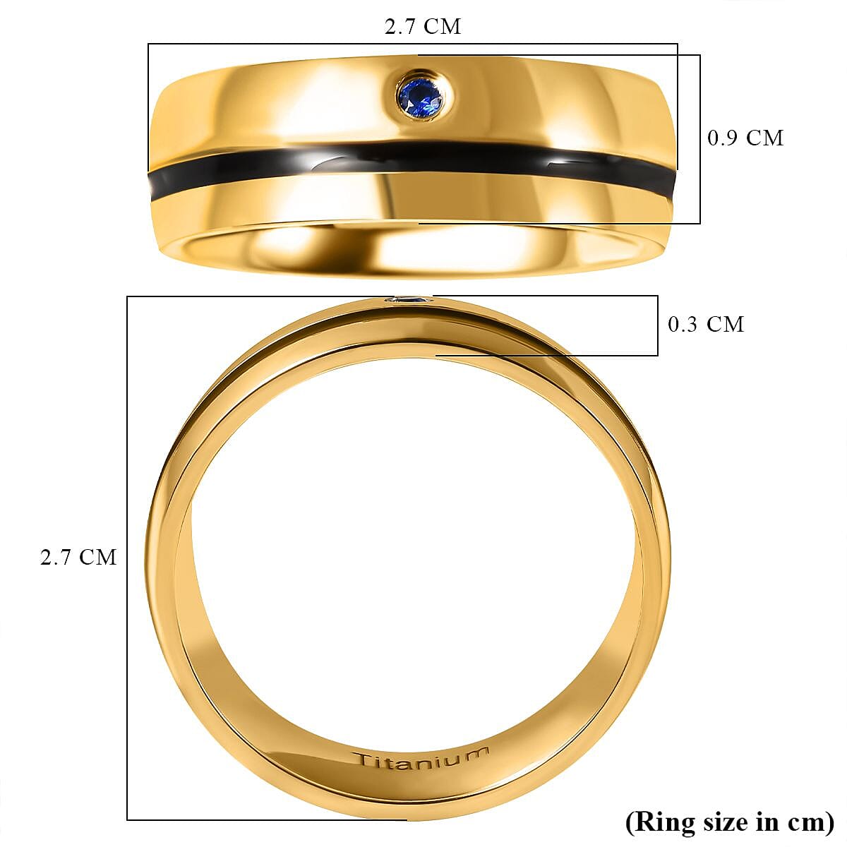 Simulated Blue Sapphire Enamelled Solitaire Band Ring in Gold Plated Titanium