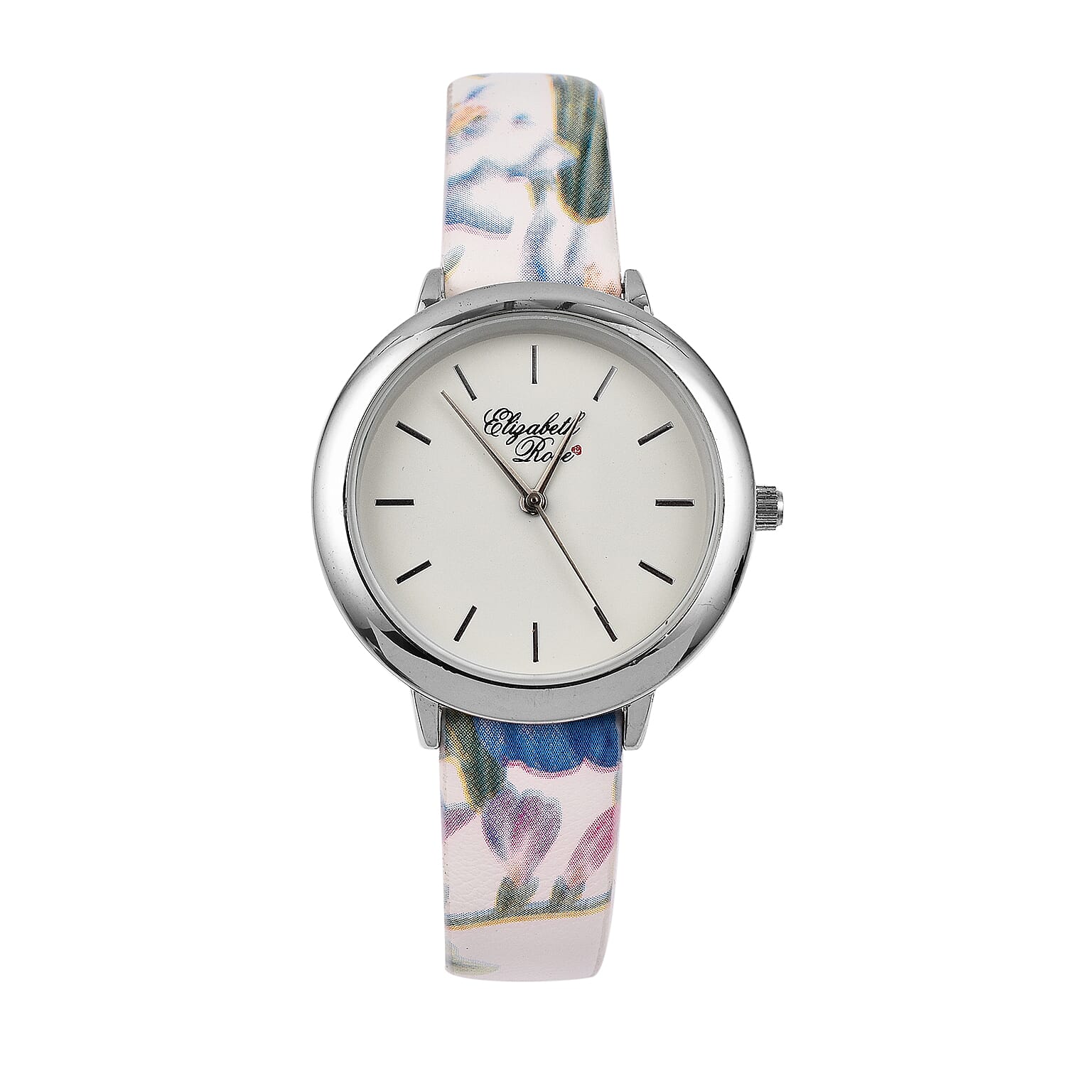 Elizabeth Rose Blue and Multi Colour Floral Strap Watch in Silver Tone
