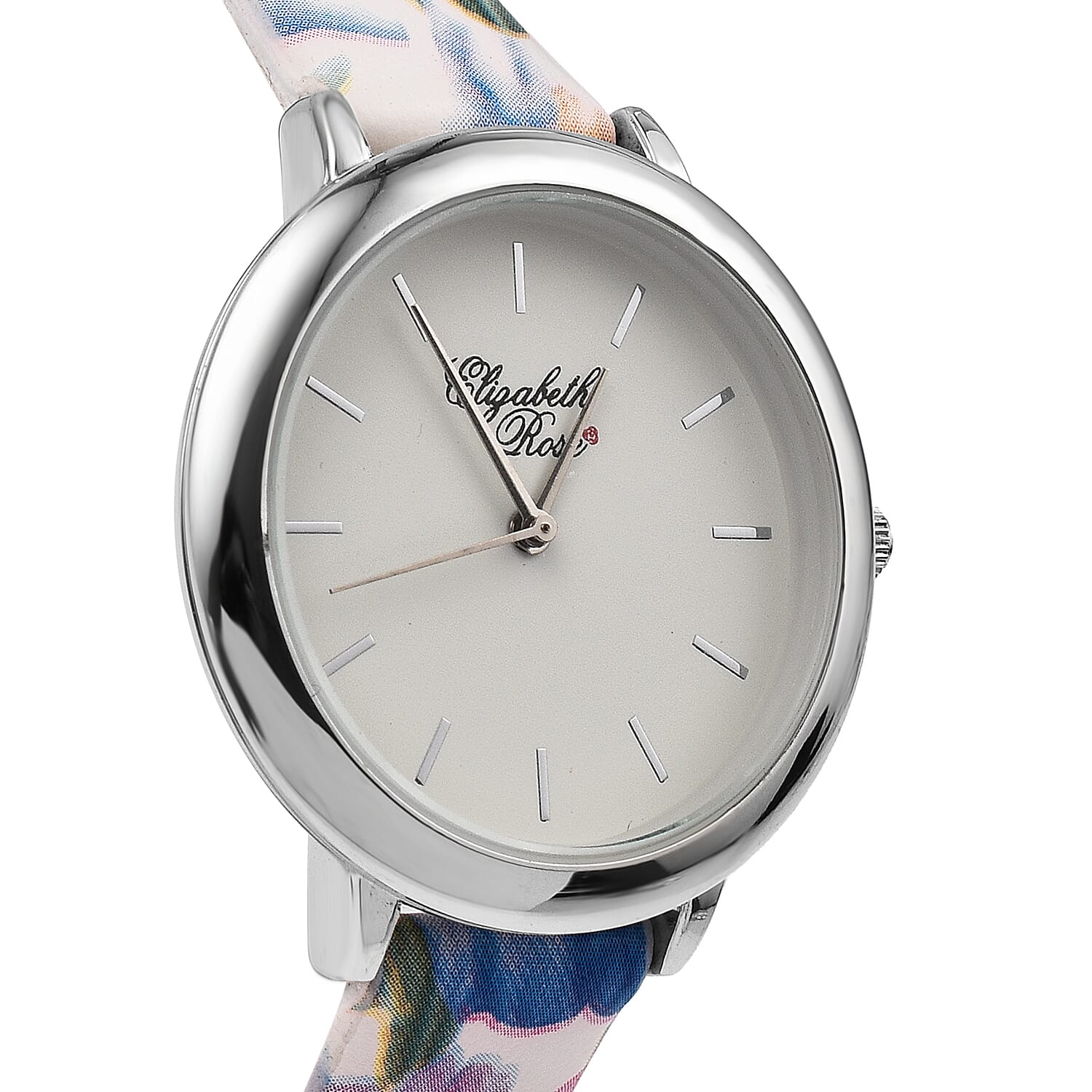Elizabeth Rose Blue and Multi Colour Floral Strap Watch in Silver Tone