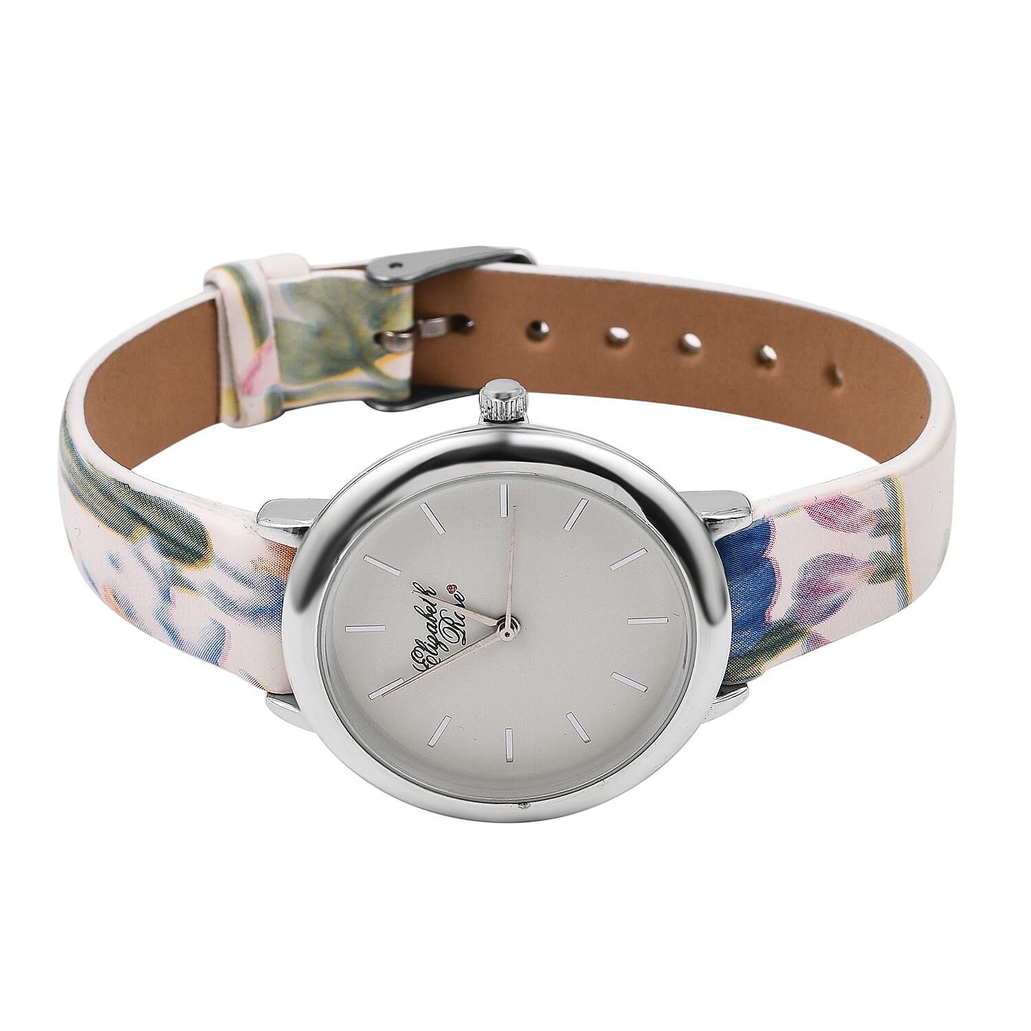 Elizabeth Rose Blue and Multi Colour Floral Strap Watch in Silver Tone