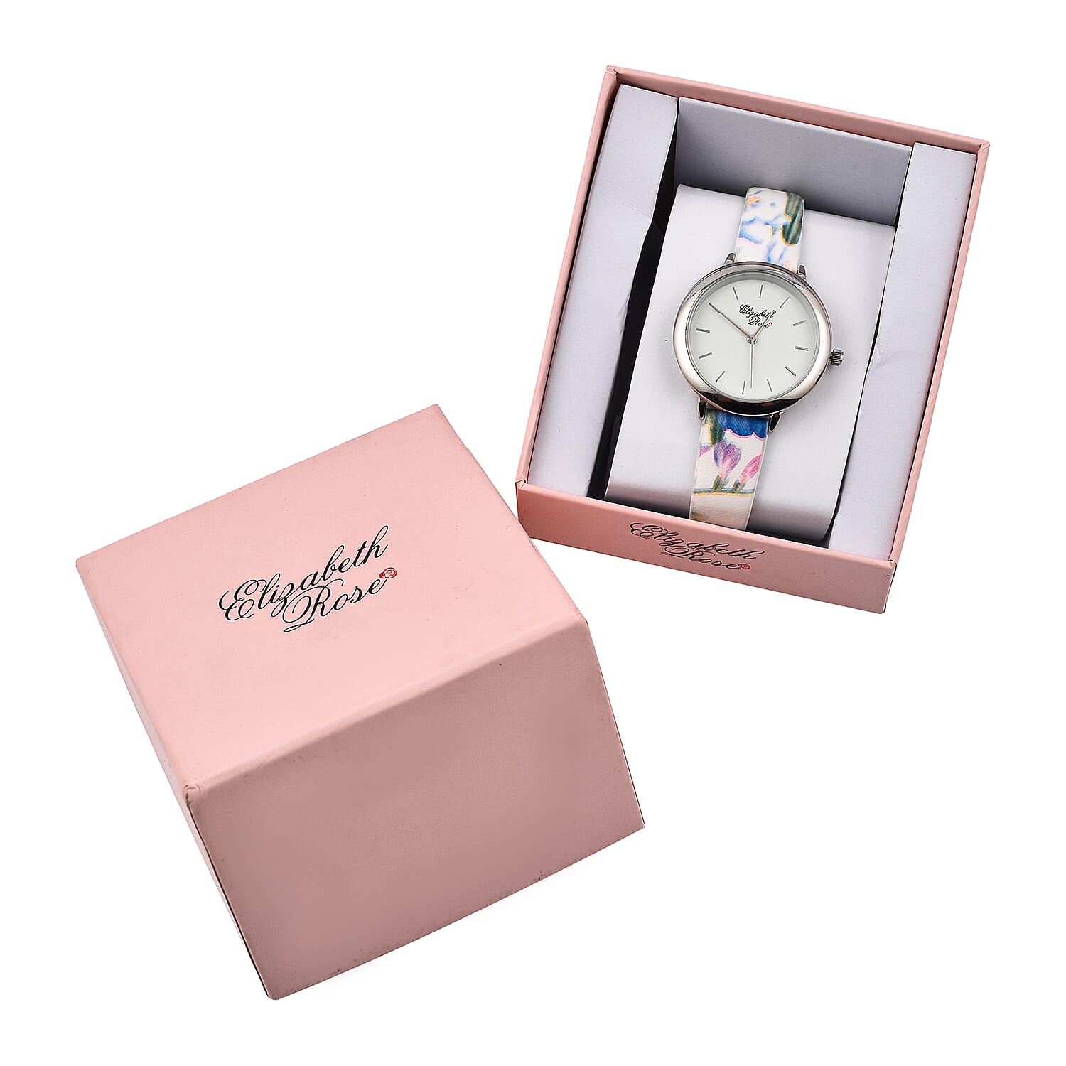 Elizabeth Rose Blue and Multi Colour Floral Strap Watch in Silver Tone