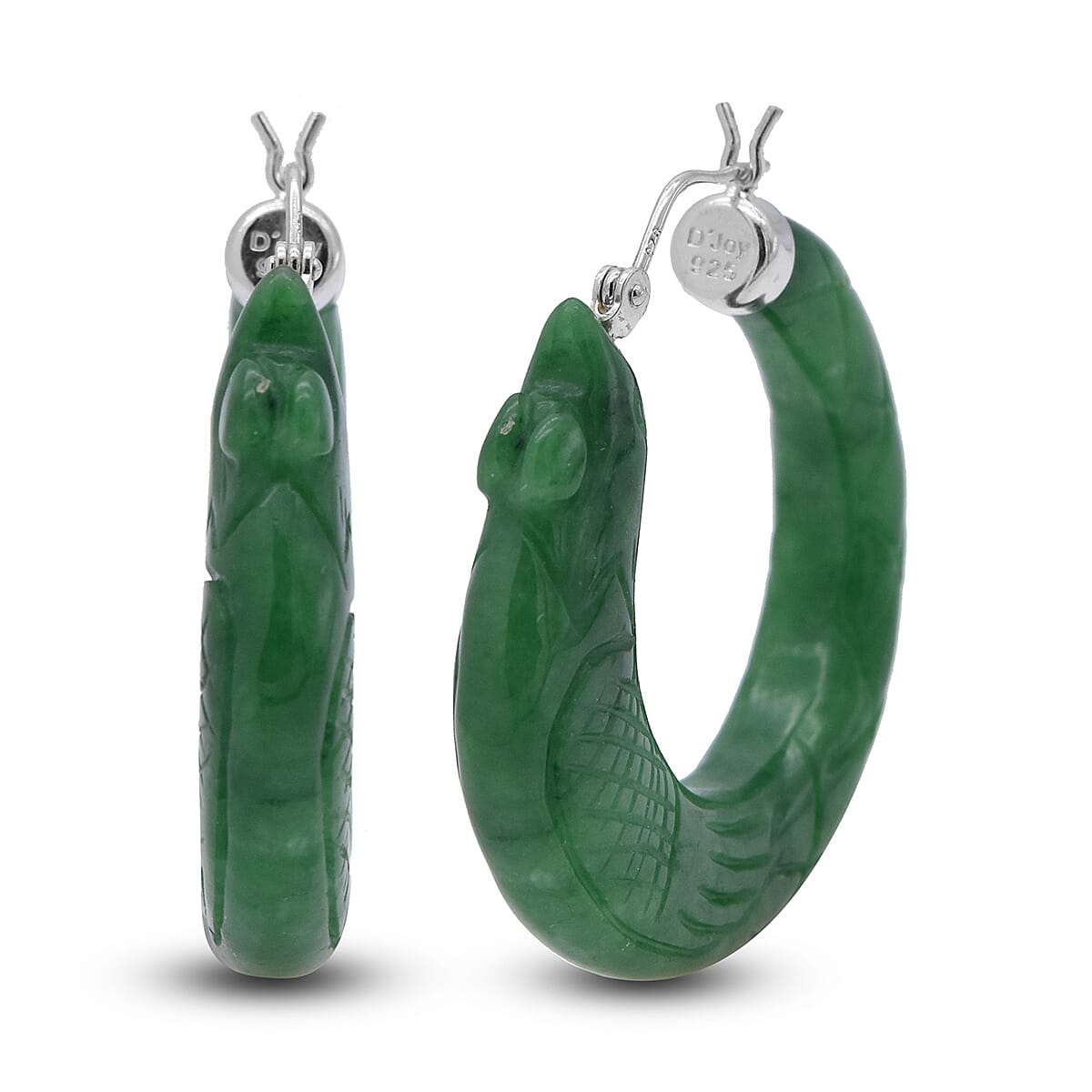 Carved Green Jade Dragon Earrings (with Clasp) in Rhodium Overlay Sterling Silver 80.00 Ct.