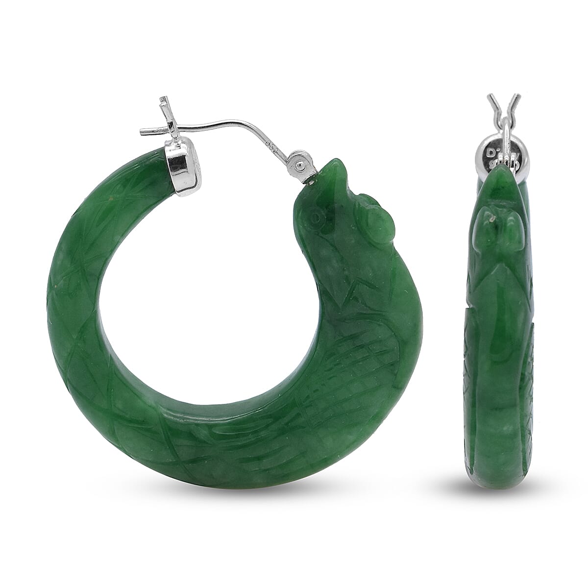 Carved Green Jade Dragon Earrings (with Clasp) in Rhodium Overlay Sterling Silver 80.00 Ct.