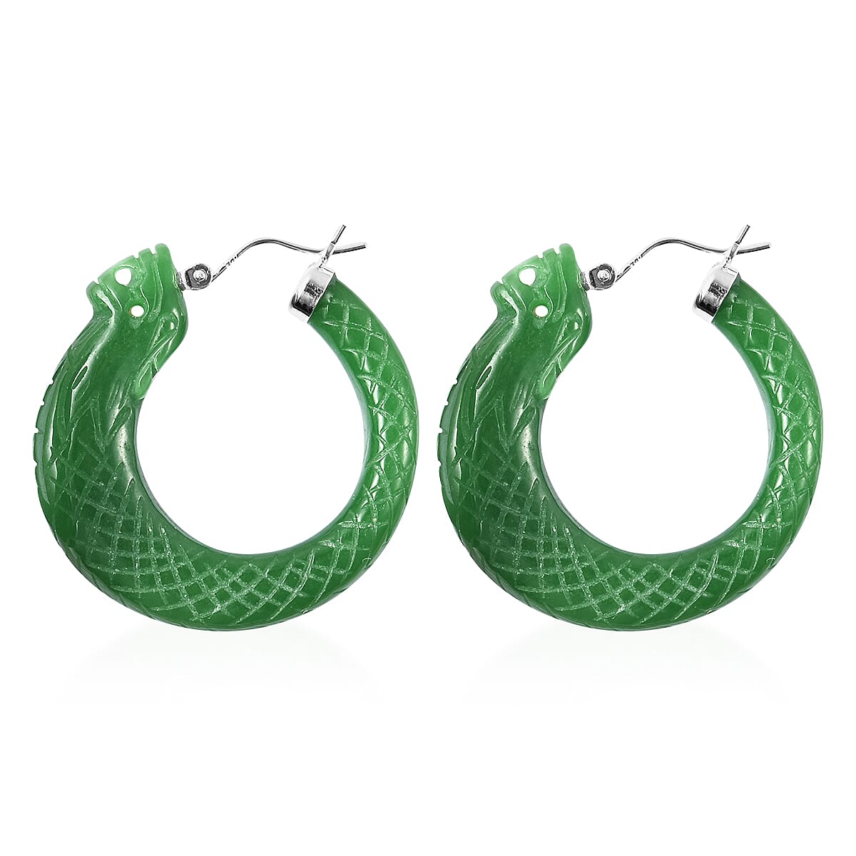 Carved Green Jade Dragon Earrings (with Clasp) in Rhodium Overlay Sterling Silver 80.00 Ct.