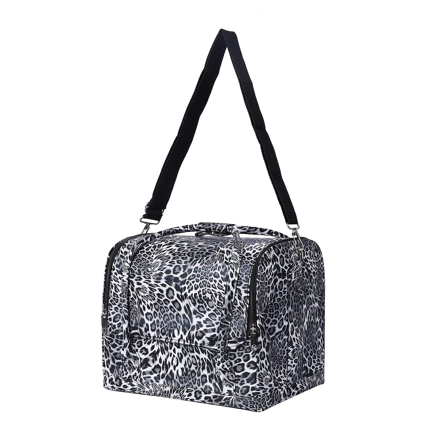 Portable Jewellery and Cosmetic Organiser Leopard Pattern with Zipper Closure and Detachable Shoulder Strap - Black