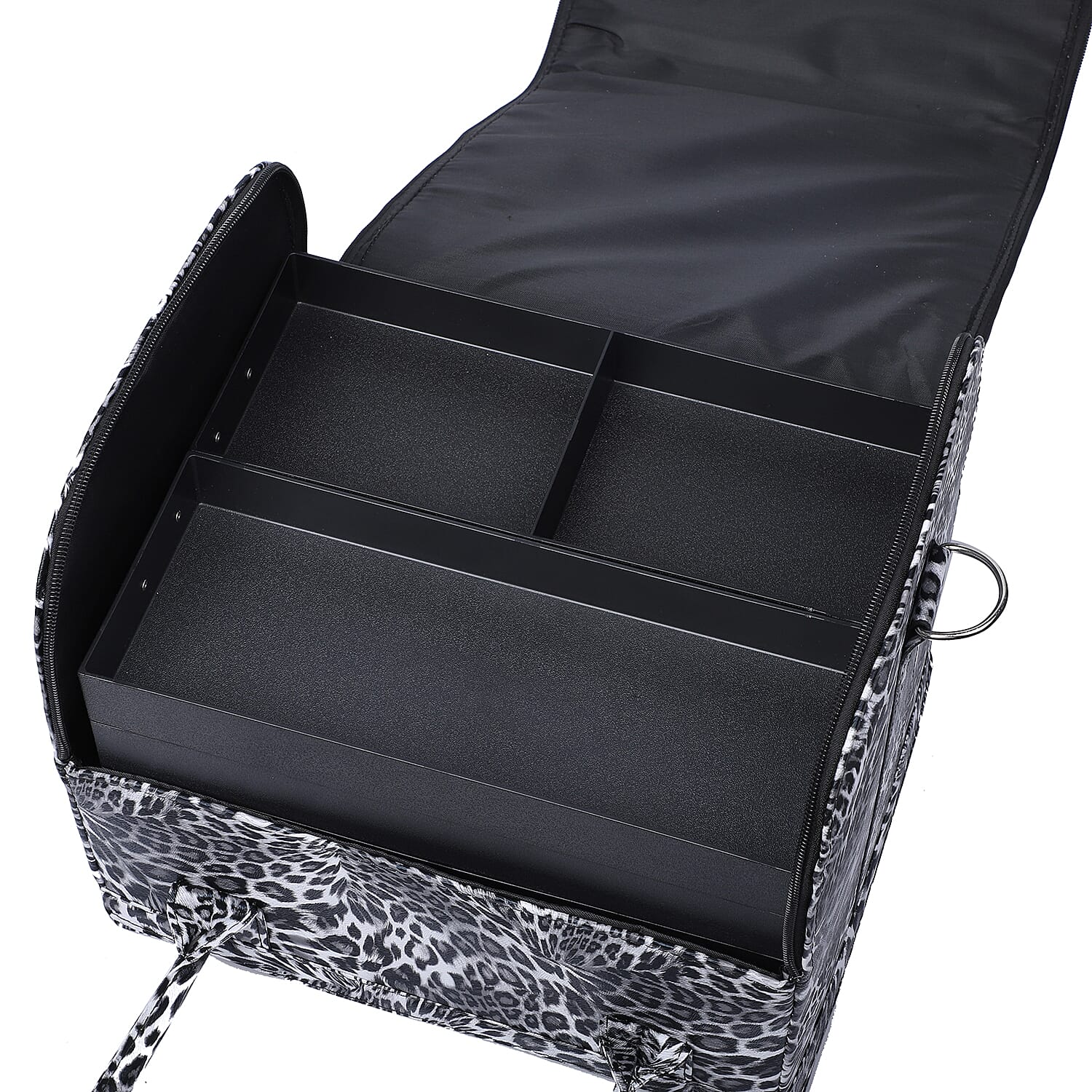 Portable Jewellery and Cosmetic Organiser Leopard Pattern with Zipper Closure and Detachable Shoulder Strap - Black