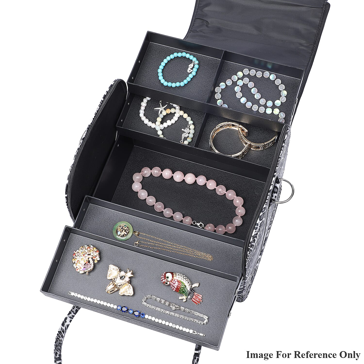 Portable Jewellery and Cosmetic Organiser Leopard Pattern with Zipper Closure and Detachable Shoulder Strap - Black