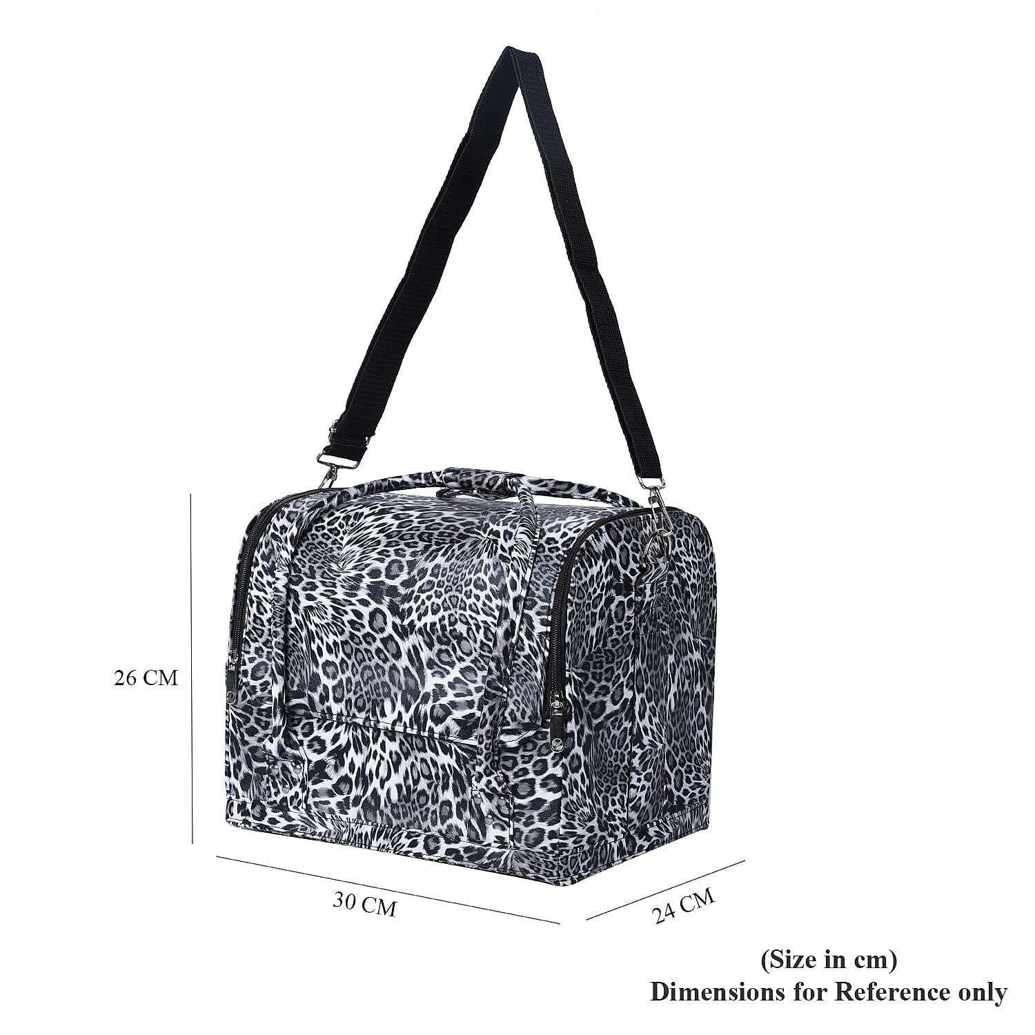 Portable Jewellery and Cosmetic Organiser Leopard Pattern with Zipper Closure and Detachable Shoulder Strap - Black