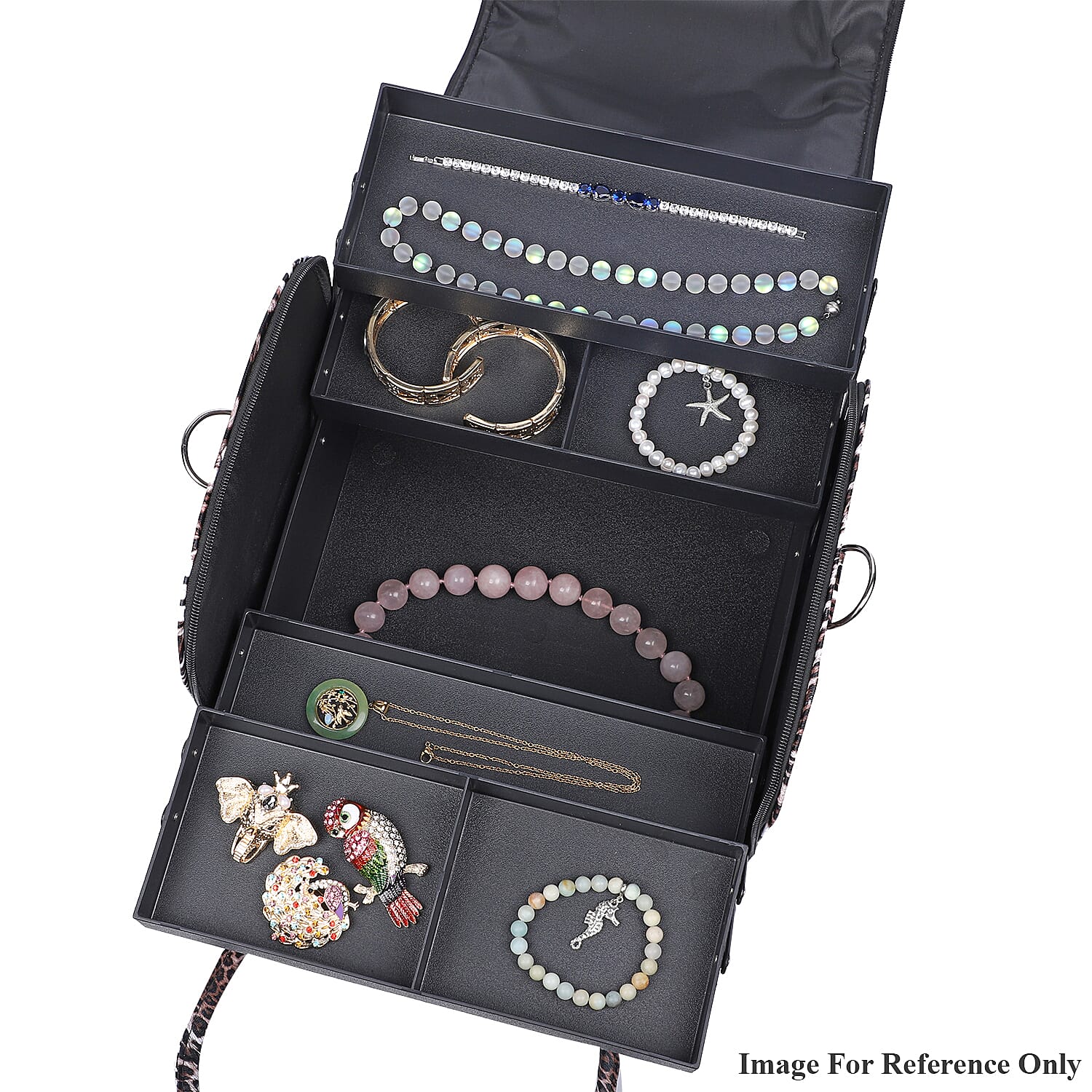 Portable Jewellery and Cosmetic Organiser Leopard Pattern with Zipper Closure and Detachable Shoulder Strap (Size-30x24x26Cm) - Brown