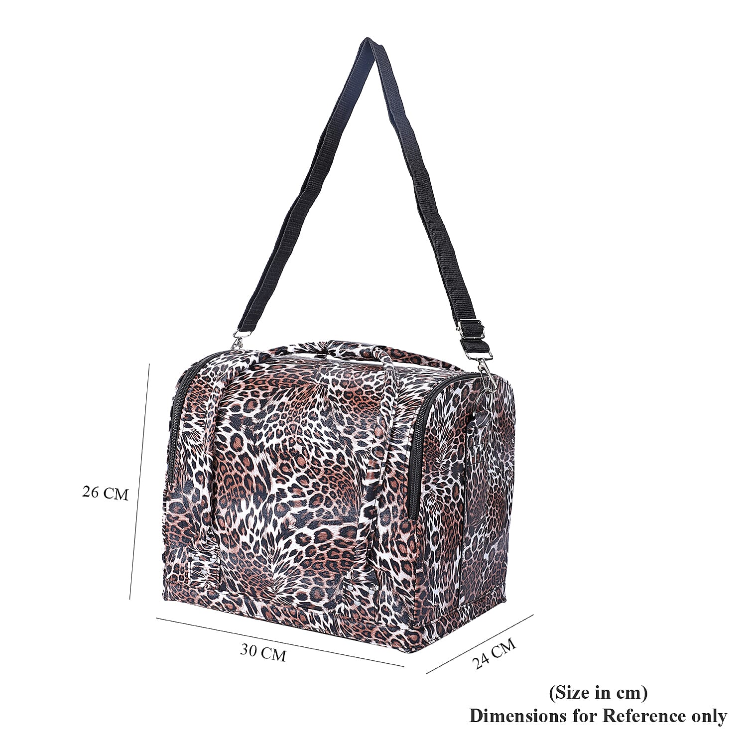 Portable Jewellery and Cosmetic Organiser Leopard Pattern with Zipper Closure and Detachable Shoulder Strap (Size-30x24x26Cm) - Brown
